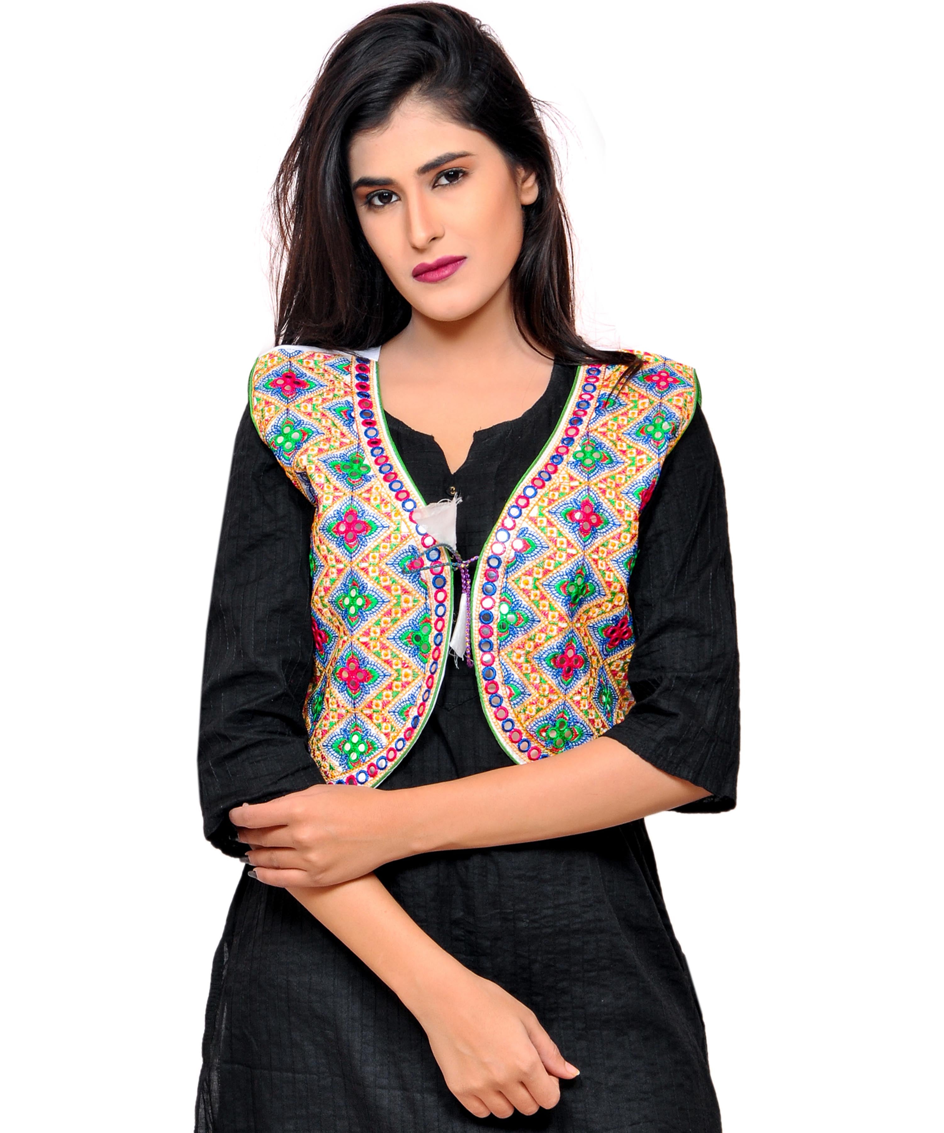 Banjara India Women's Cotton Blend Kutchi Embroidered Sleeveless Short Jacket/Koti/Shrug (Gamthi) - SSP-GAM02 - Banjara India