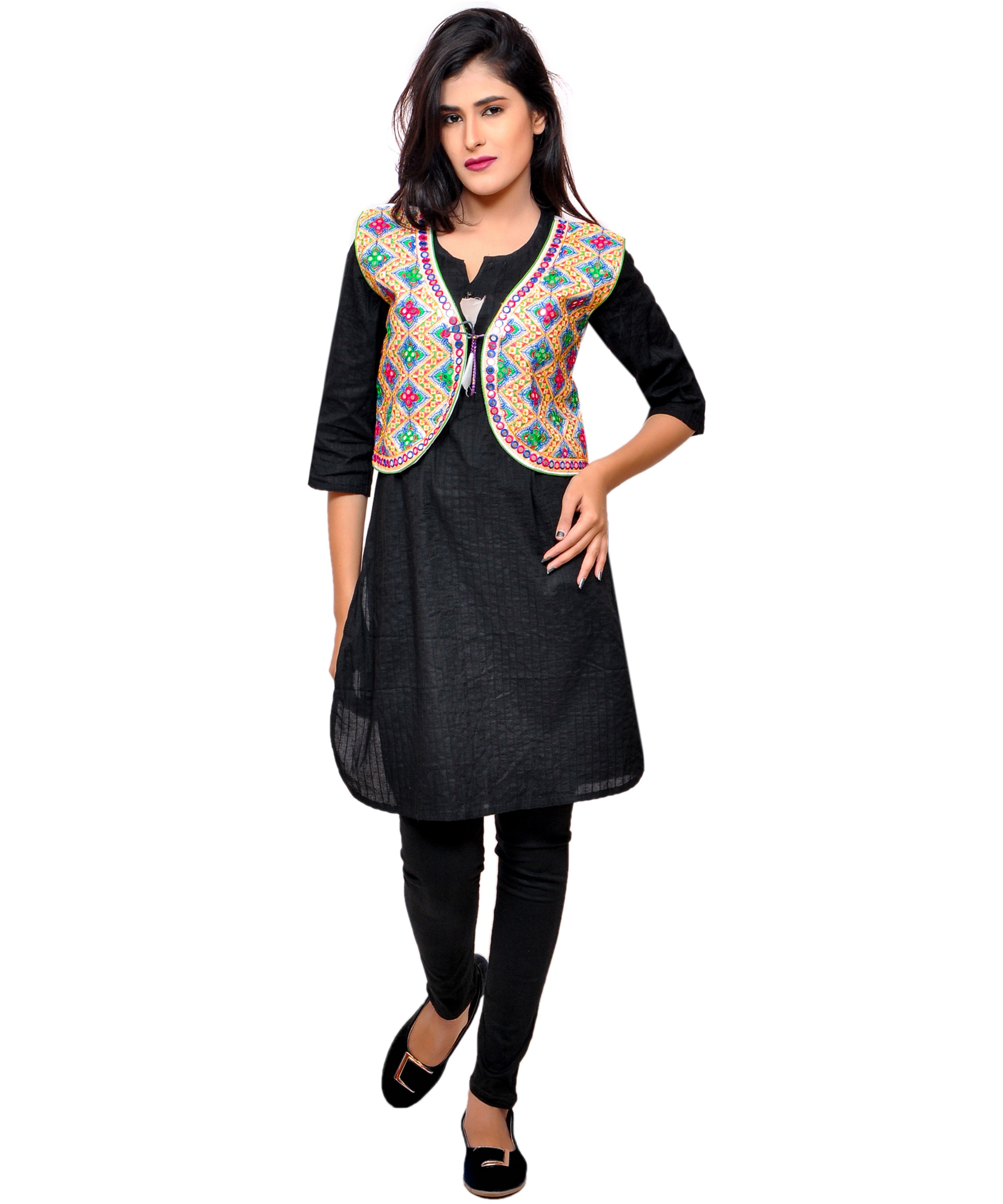 Banjara India Women's Cotton Blend Kutchi Embroidered Sleeveless Short Jacket/Koti/Shrug (Gamthi) - SSP-GAM02 - Banjara India