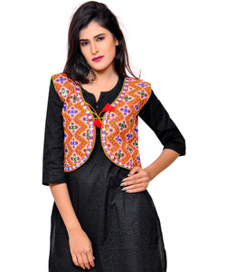 Banjara India Women's Cotton Blend Kutchi Embroidered Sleeveless Short Jacket/Koti/Shrug (Gamthi) - SSP-GAM03 - Banjara India