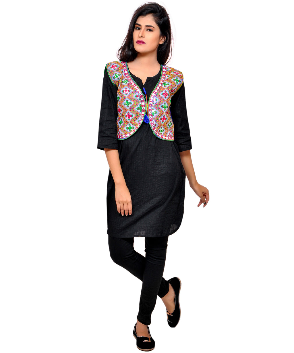 Banjara India Women's Cotton Blend Kutchi Embroidered Sleeveless Short Jacket/Koti/Shrug (Gamthi) - SSP-GAM04 - Banjara India