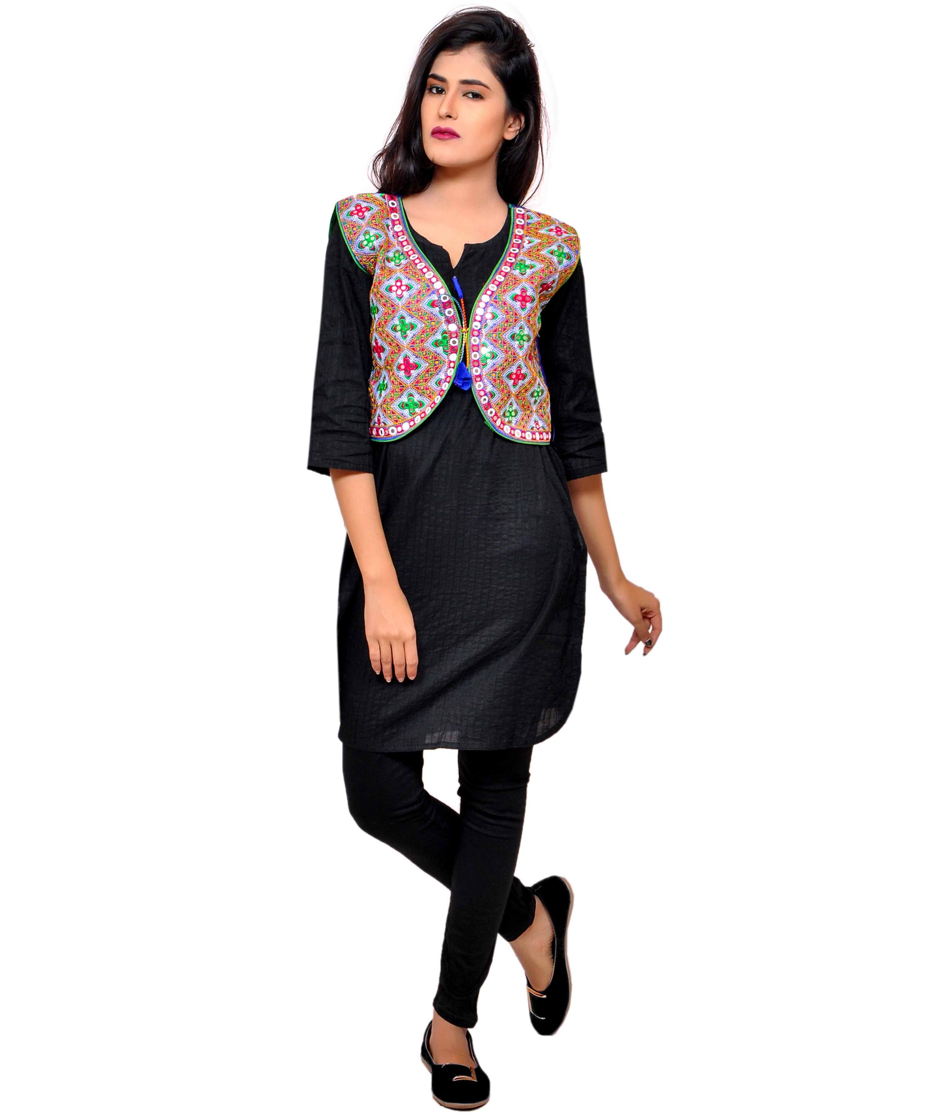 Banjara India Women's Cotton Blend Kutchi Embroidered Sleeveless Short Jacket/Koti/Shrug (Gamthi) - SSP-GAM04 - Banjara India