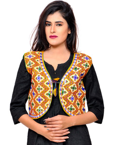 Banjara India Women's Cotton Blend Kutchi Embroidered Sleeveless Short Jacket/Koti/Shrug (Gamthi) - SSP-GAM05 - Banjara India