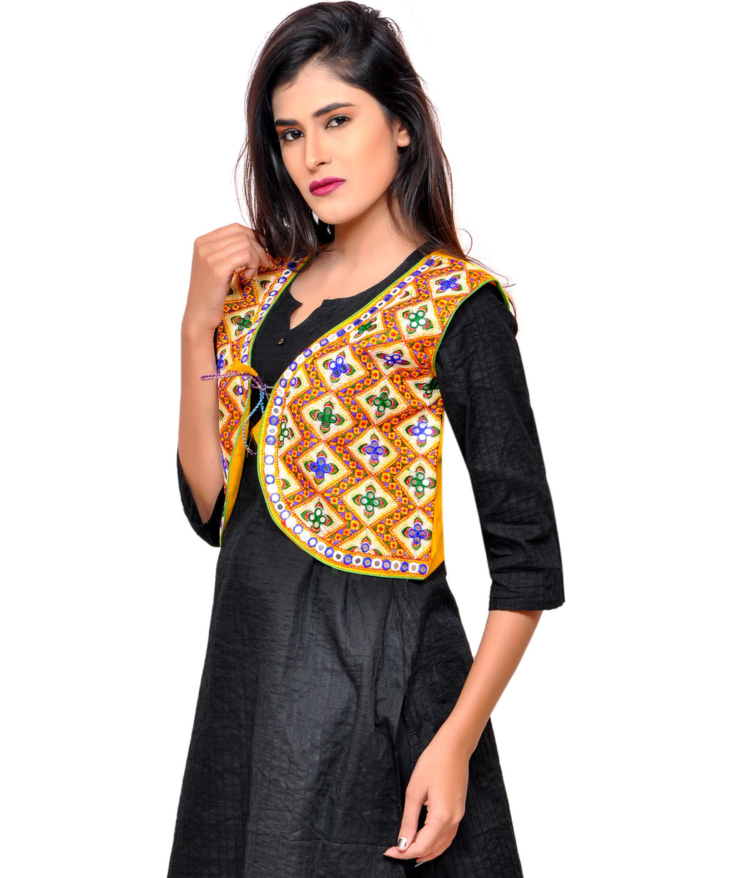 Banjara India Women's Cotton Blend Kutchi Embroidered Sleeveless Short Jacket/Koti/Shrug (Gamthi) - SSP-GAM05 - Banjara India
