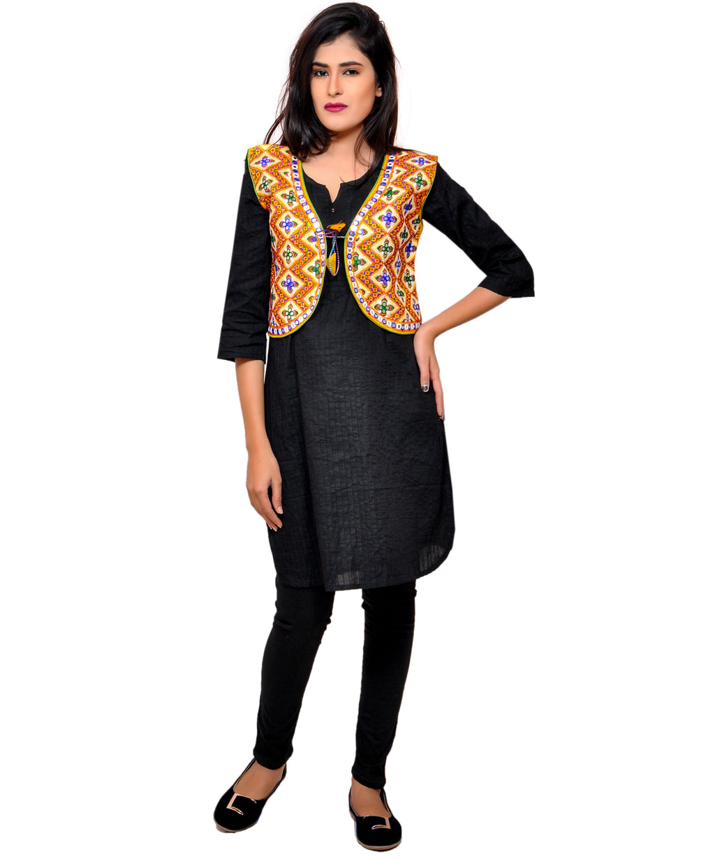 Banjara India Women's Cotton Blend Kutchi Embroidered Sleeveless Short Jacket/Koti/Shrug (Gamthi) - SSP-GAM05 - Banjara India