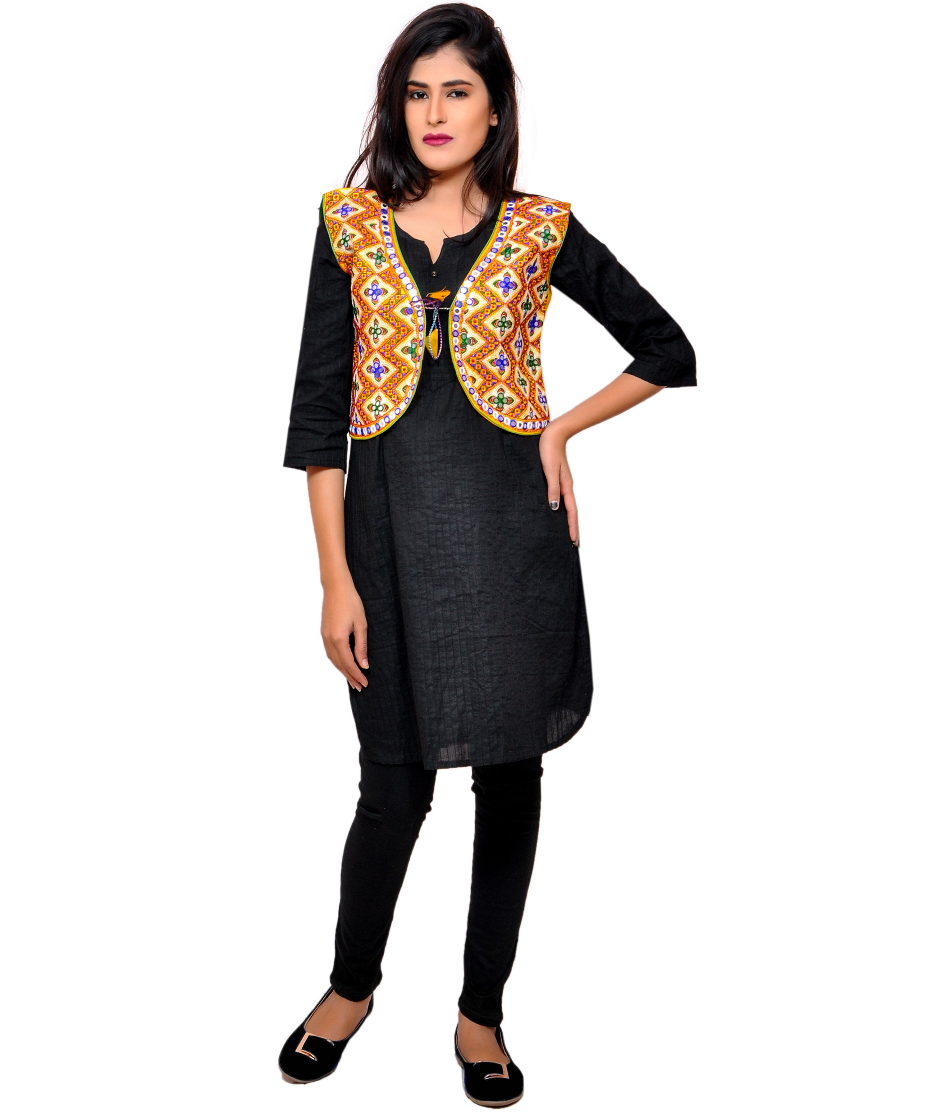 Banjara India Women's Cotton Blend Kutchi Embroidered Sleeveless Short Jacket/Koti/Shrug (Gamthi) - SSP-GAM05 - Banjara India