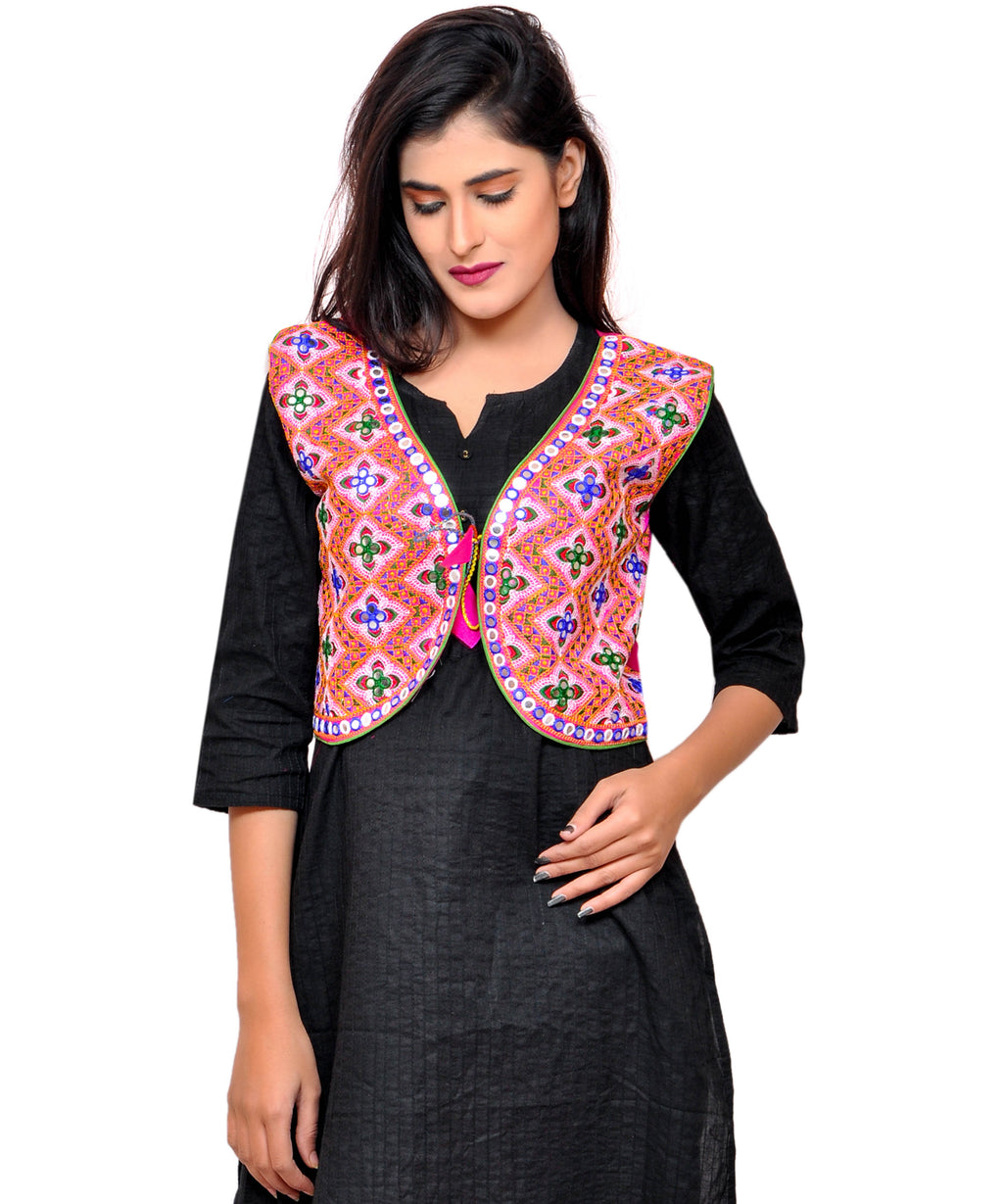 Banjara India Women's Cotton Blend Kutchi Embroidered Sleeveless Short Jacket/Koti/Shrug (Gamthi) - SSP-GAM06 - Banjara India