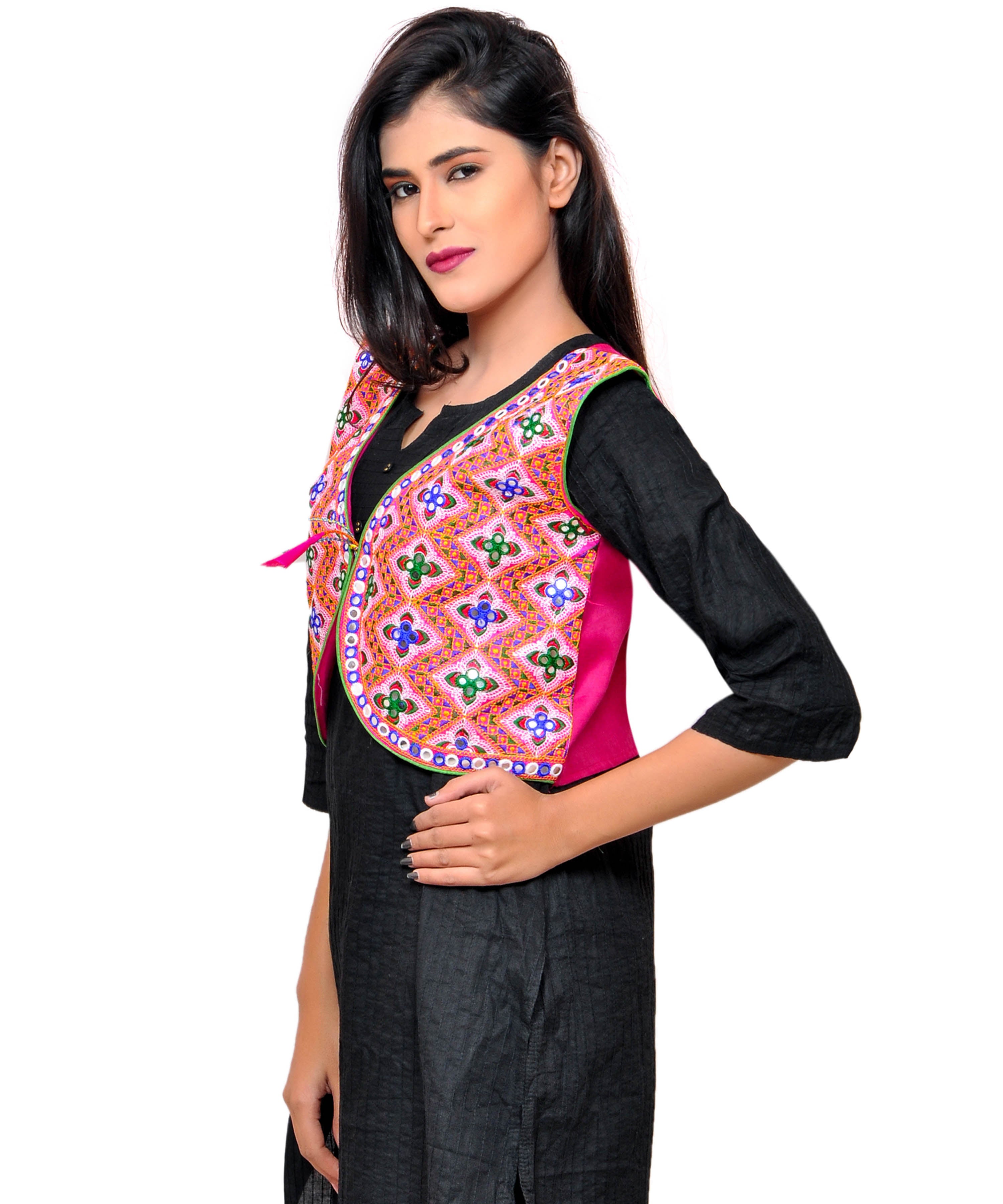 Banjara India Women's Cotton Blend Kutchi Embroidered Sleeveless Short Jacket/Koti/Shrug (Gamthi) - SSP-GAM06 - Banjara India