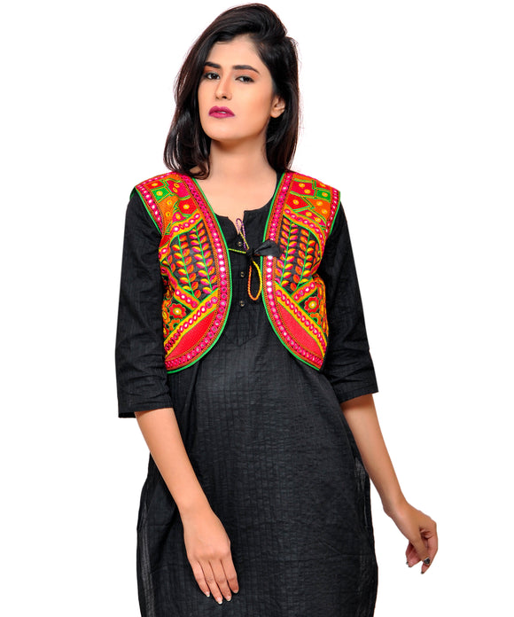 Banjara India Women's Cotton Blend Kutchi Embroidered Sleeveless Short Jacket/Koti/Shrug (Geo) - SSP-GEO01 - Banjara India