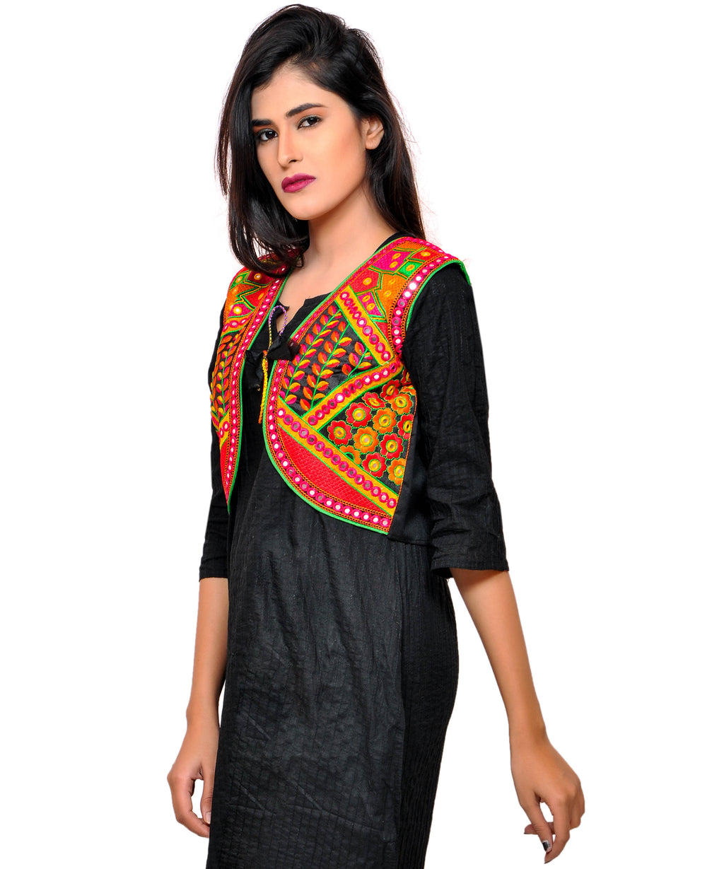 Banjara India Women's Cotton Blend Kutchi Embroidered Sleeveless Short Jacket/Koti/Shrug (Geo) - SSP-GEO01 - Banjara India