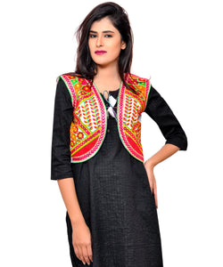 Banjara India Women's Cotton Blend Kutchi Embroidered Sleeveless Short Jacket/Koti/Shrug (Geo) - SSP-GEO02 - Banjara India
