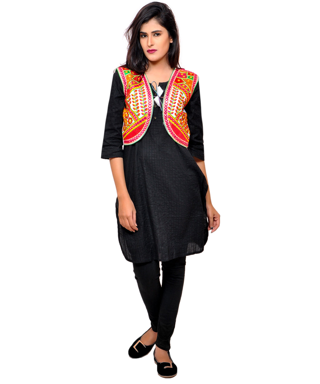 Banjara India Women's Cotton Blend Kutchi Embroidered Sleeveless Short Jacket/Koti/Shrug (Geo) - SSP-GEO02 - Banjara India