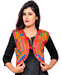 Banjara India Women's Cotton Blend Kutchi Embroidered Sleeveless Short Jacket/Koti/Shrug (Geo) - SSP-GEO03 - Banjara India