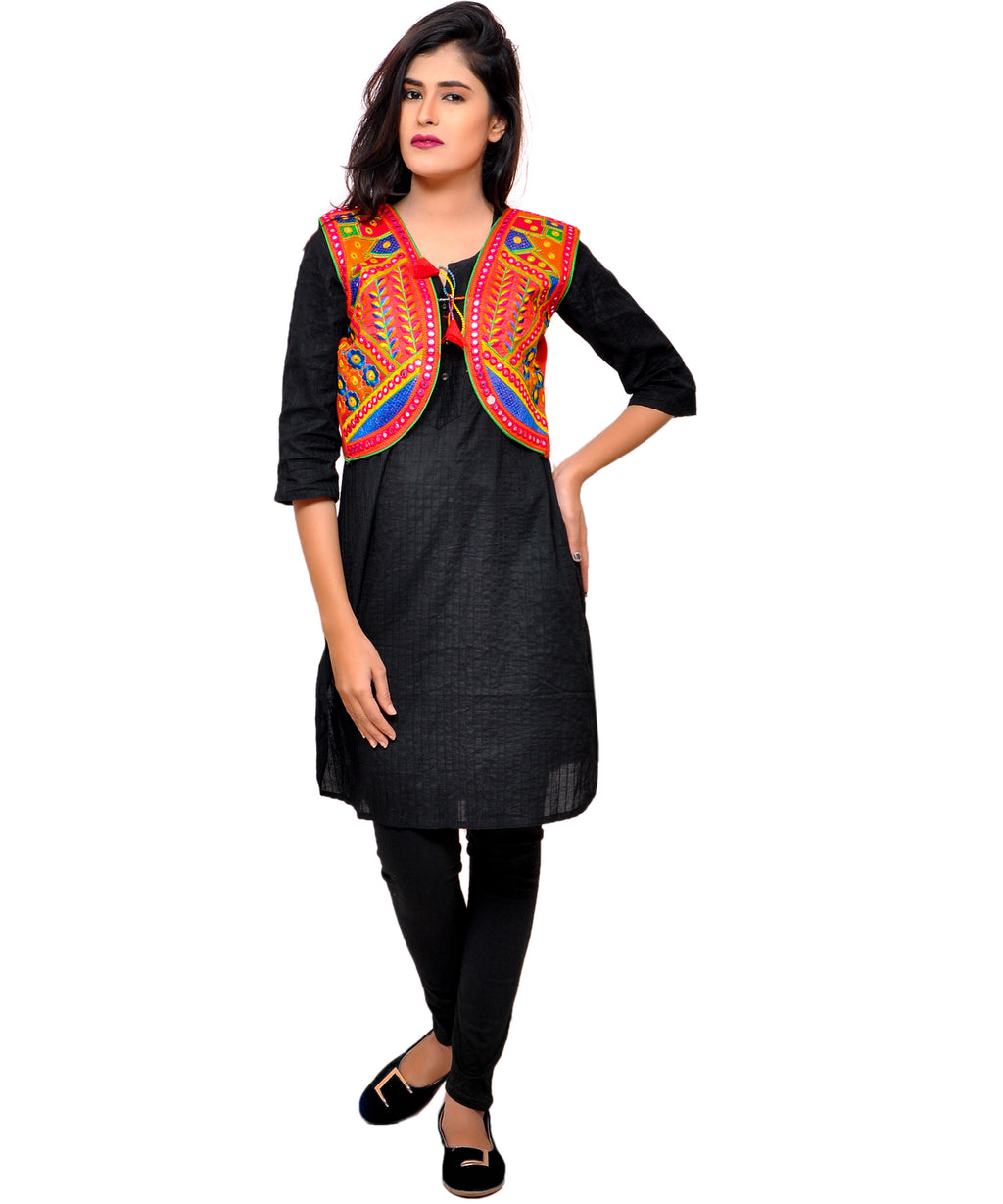 Banjara India Women's Cotton Blend Kutchi Embroidered Sleeveless Short Jacket/Koti/Shrug (Geo) - SSP-GEO03 - Banjara India
