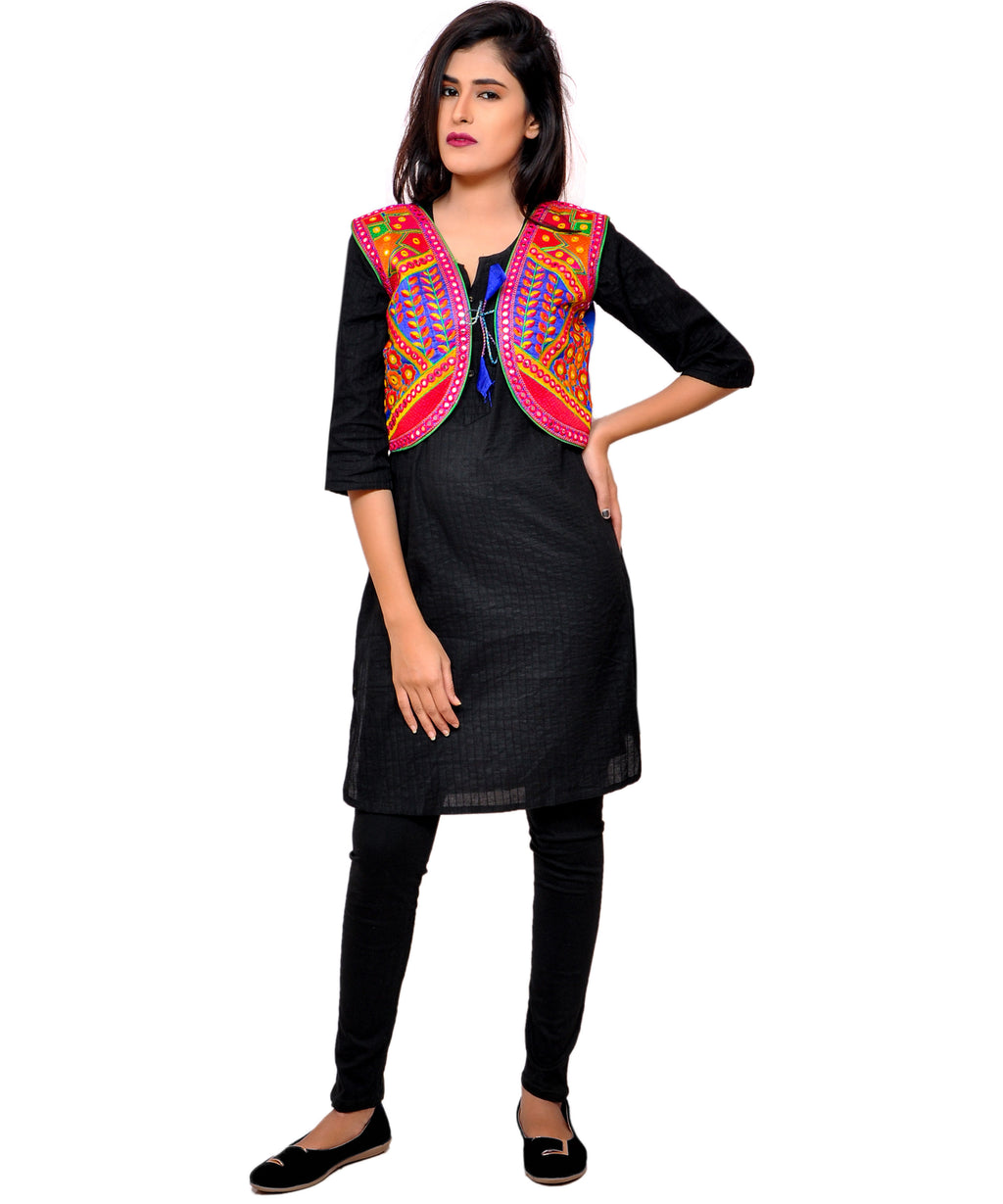 Banjara India Women's Cotton Blend Kutchi Embroidered Sleeveless Short Jacket/Koti/Shrug (Geo) - SSP-GEO04 - Banjara India
