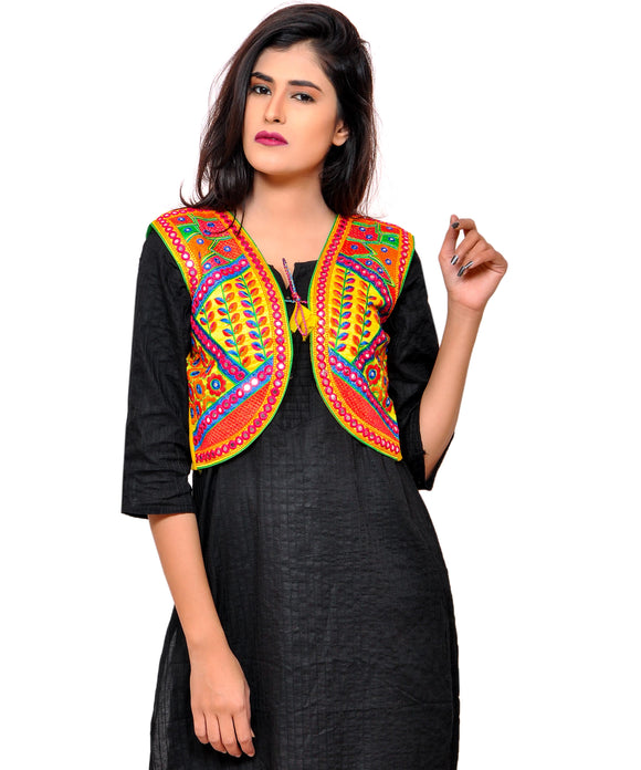 Banjara India Women's Cotton Blend Kutchi Embroidered Sleeveless Short Jacket/Koti/Shrug (Geo) - SSP-GEO05 - Banjara India