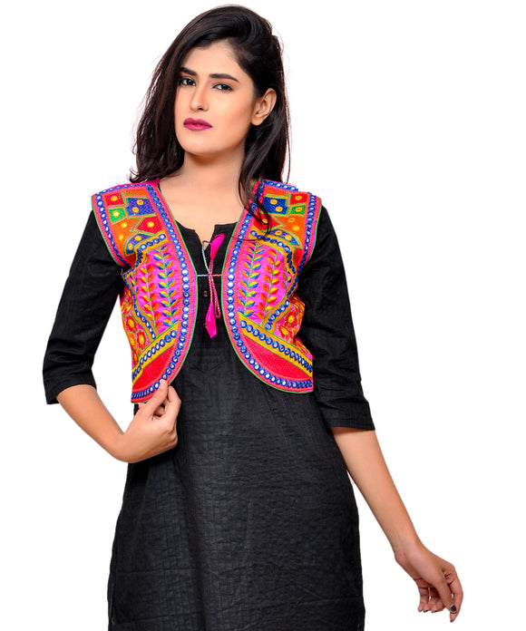 Banjara India Women's Cotton Blend Kutchi Embroidered Sleeveless Short Jacket/Koti/Shrug (Geo) - SSP-GEO06 - Banjara India