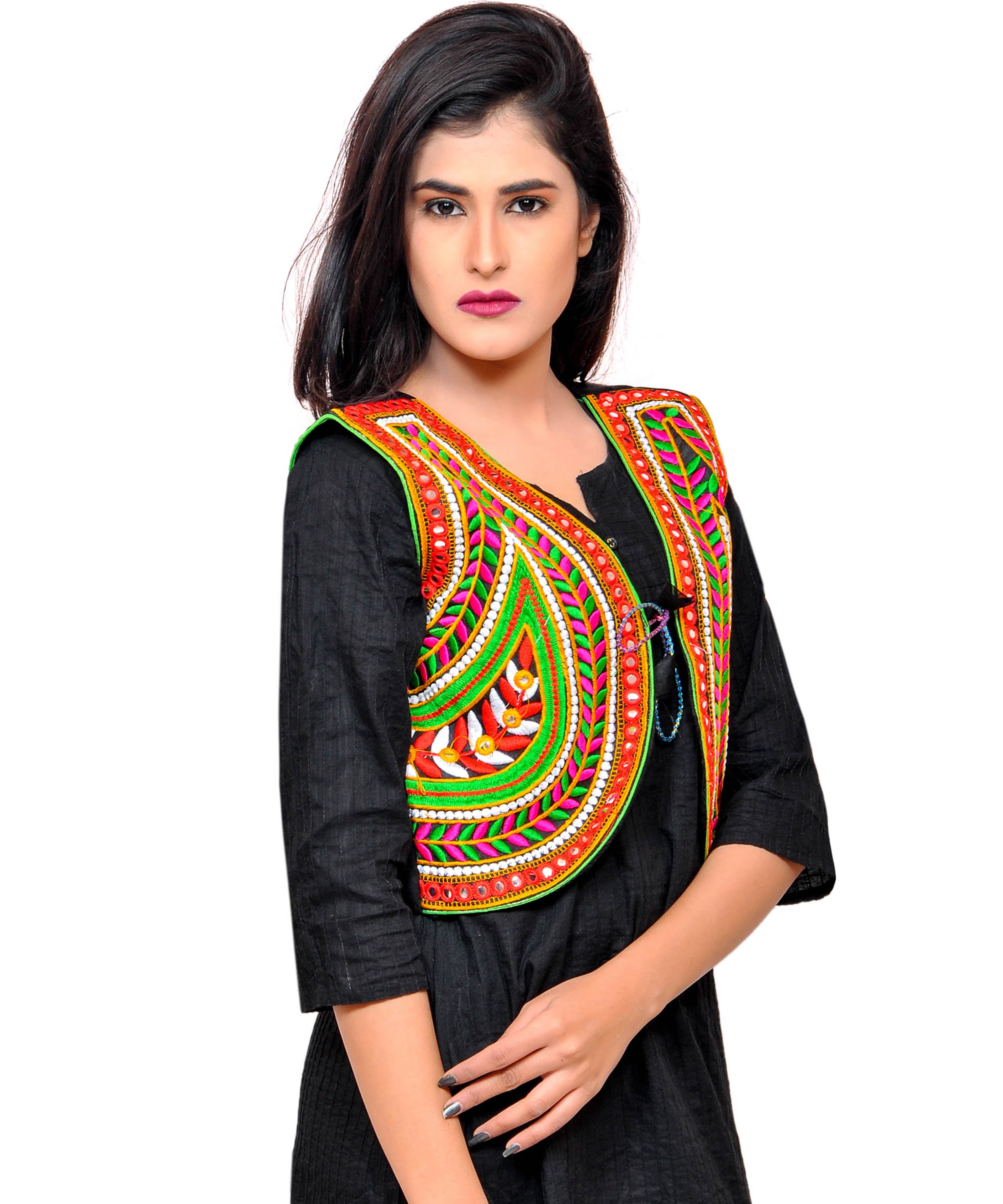 Banjara India Women's Cotton Blend Kutchi Embroidered Sleeveless Short Jacket/Koti/Shrug (Keri) - SSP-KERI01 - Banjara India