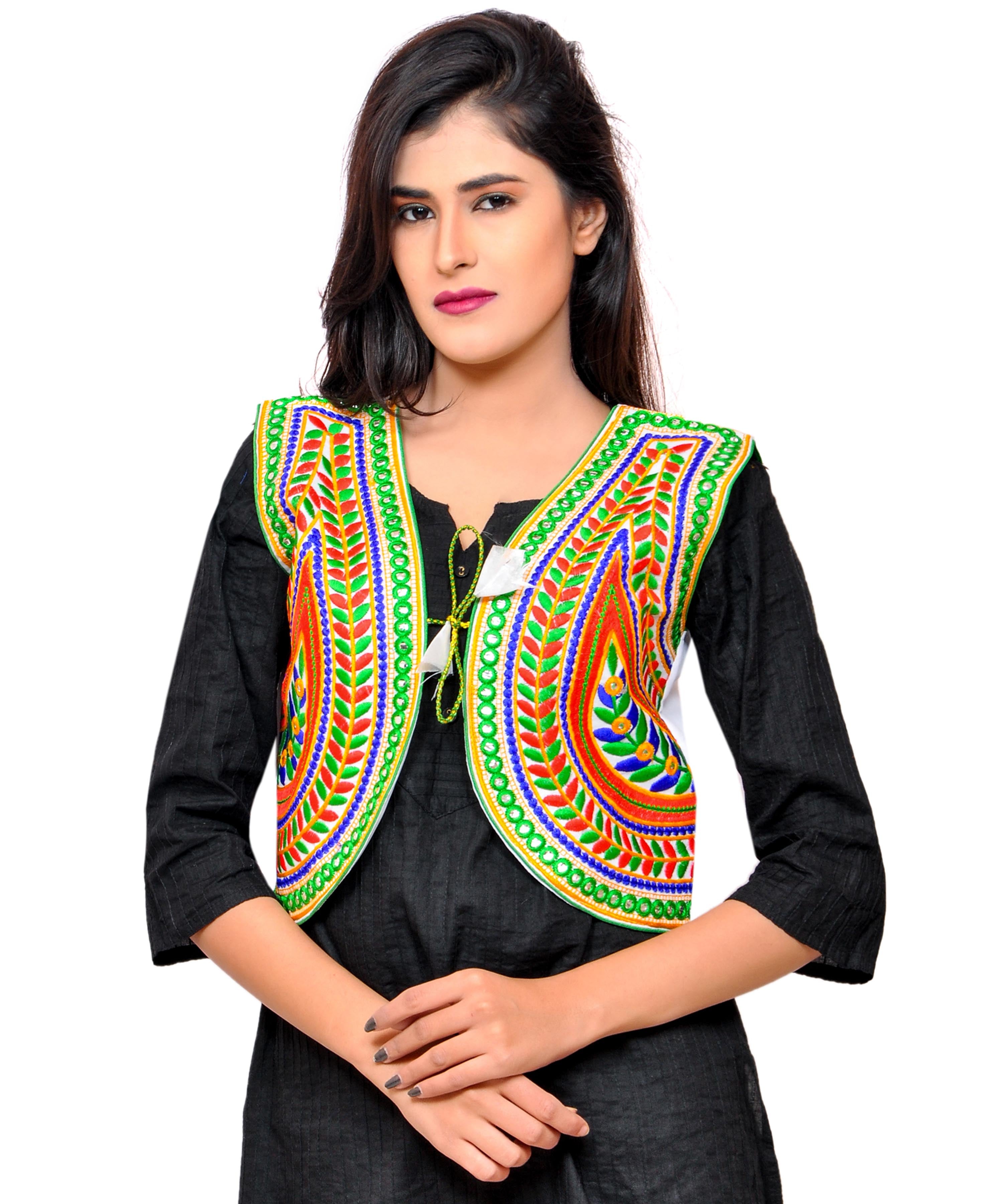 Banjara India Women's Cotton Blend Kutchi Embroidered Sleeveless Short Jacket/Koti/Shrug (Keri) - SSP-KERI02 - Banjara India
