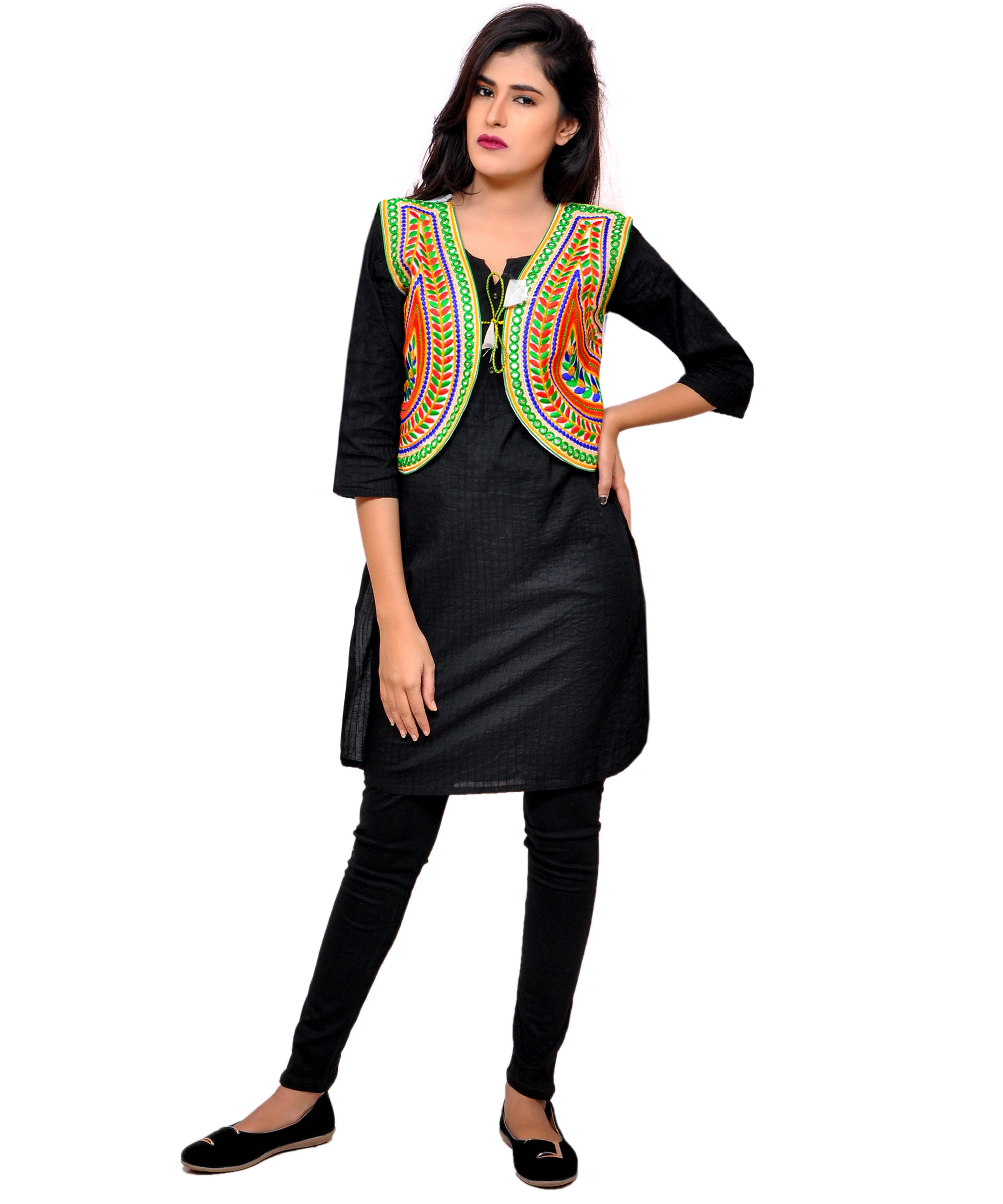 Banjara India Women's Cotton Blend Kutchi Embroidered Sleeveless Short Jacket/Koti/Shrug (Keri) - SSP-KERI02 - Banjara India
