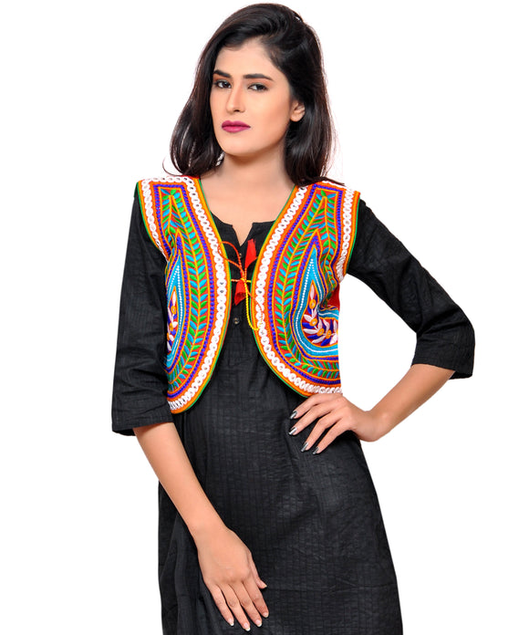 Banjara India Women's Cotton Blend Kutchi Embroidered Sleeveless Short Jacket/Koti/Shrug (Keri) - SSP-KERI03 - Banjara India