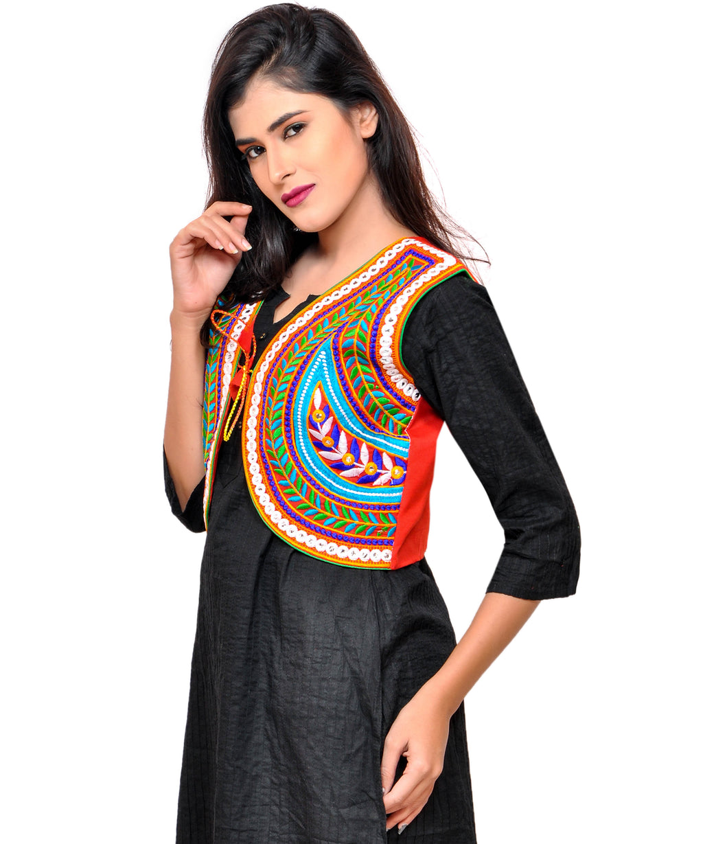 Banjara India Women's Cotton Blend Kutchi Embroidered Sleeveless Short Jacket/Koti/Shrug (Keri) - SSP-KERI03 - Banjara India