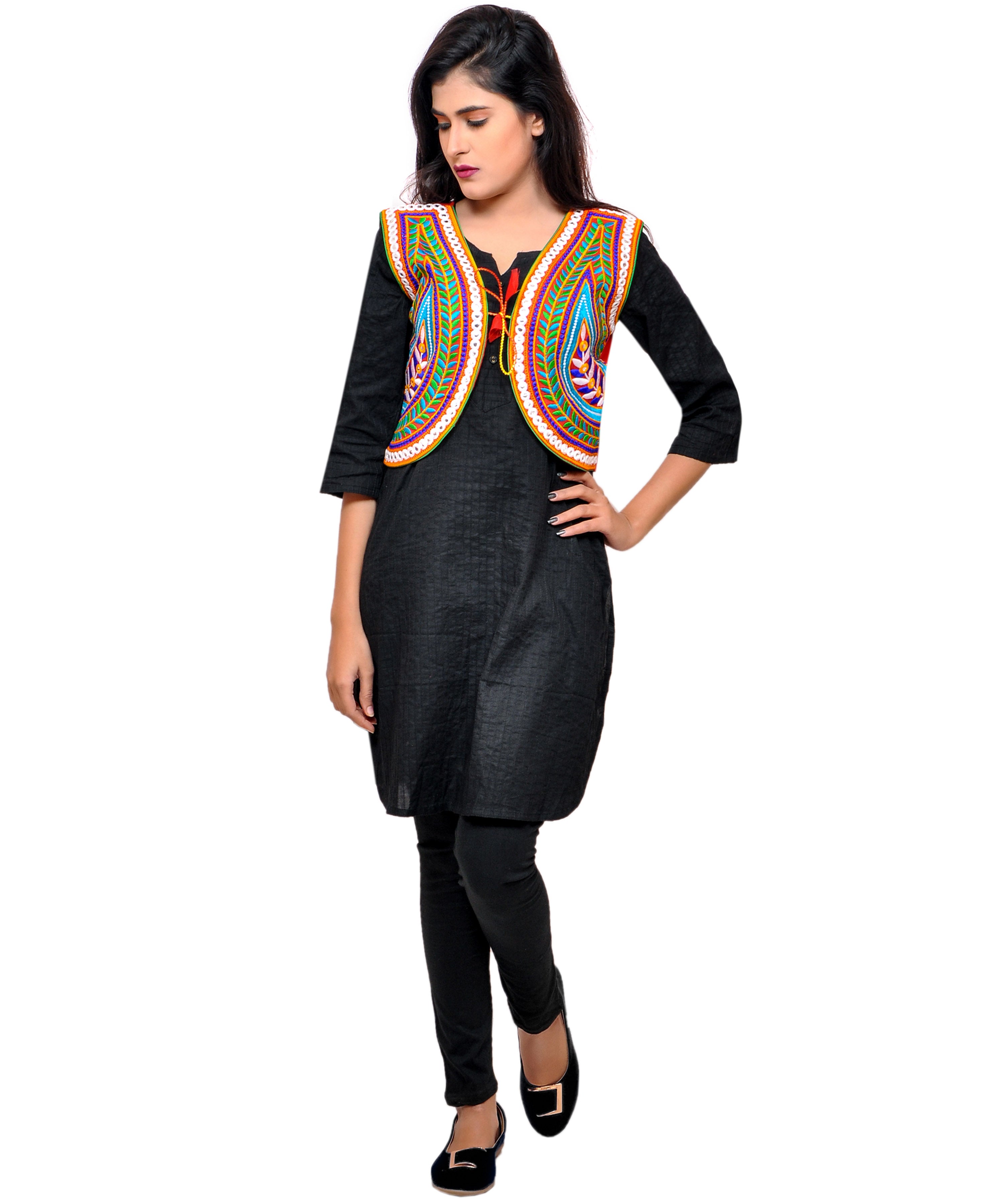 Banjara India Women's Cotton Blend Kutchi Embroidered Sleeveless Short Jacket/Koti/Shrug (Keri) - SSP-KERI03 - Banjara India