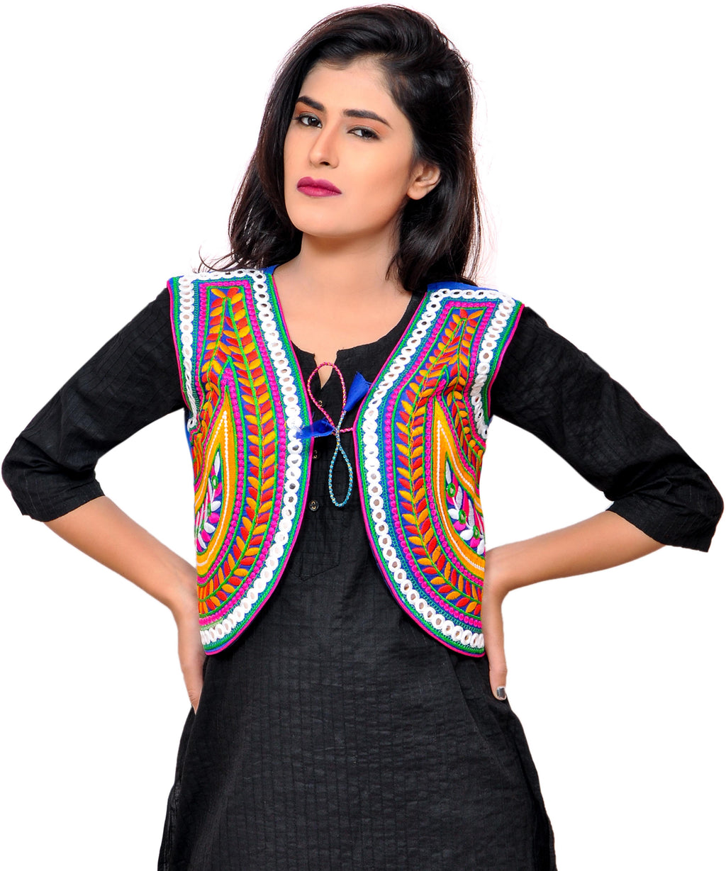 Banjara India Women's Cotton Blend Kutchi Embroidered Sleeveless Short Jacket/Koti/Shrug (Keri) - SSP-KERI04 - Banjara India