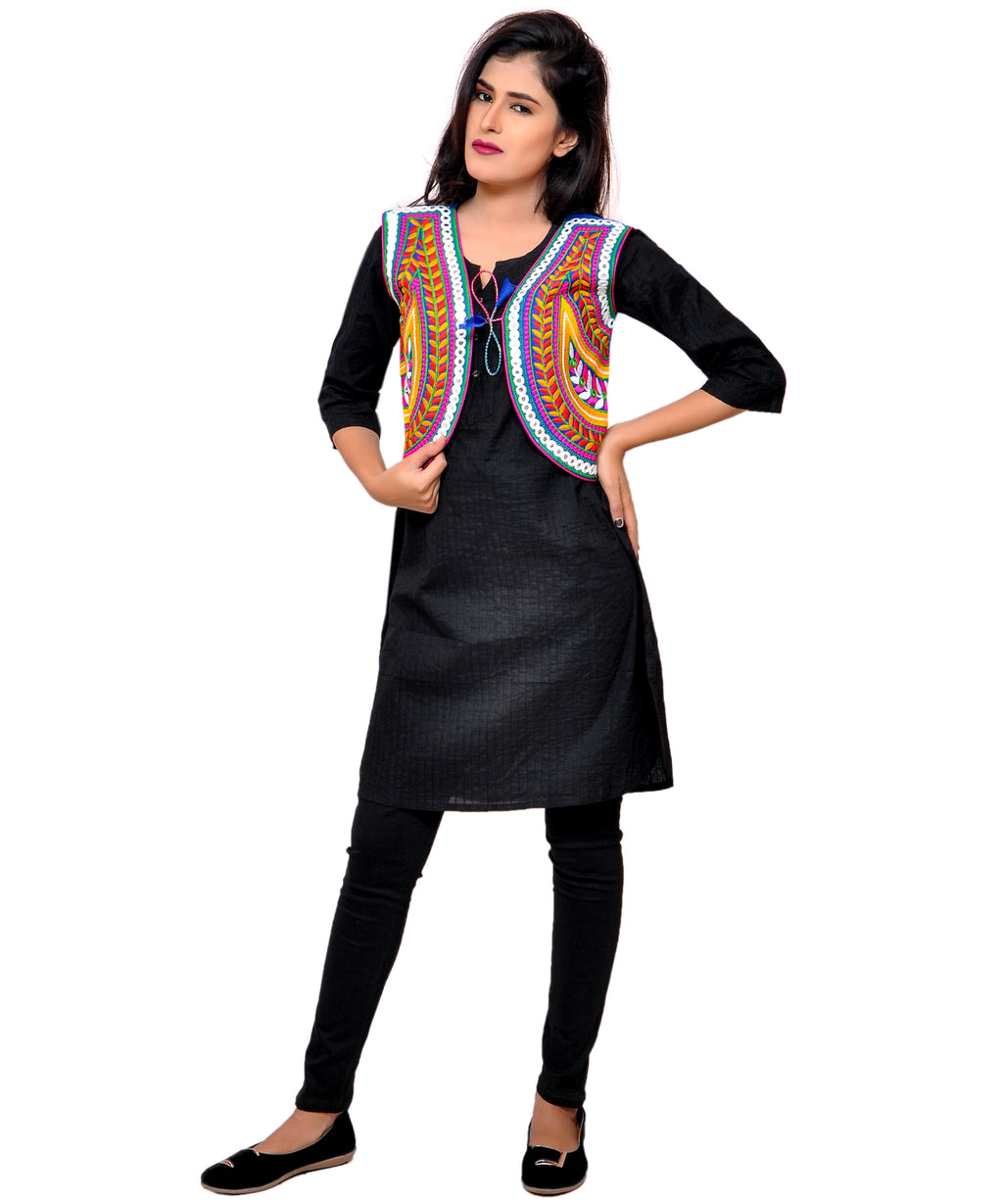 Banjara India Women's Cotton Blend Kutchi Embroidered Sleeveless Short Jacket/Koti/Shrug (Keri) - SSP-KERI04 - Banjara India