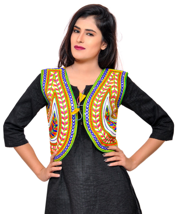 Banjara India Women's Cotton Blend Kutchi Embroidered Sleeveless Short Jacket/Koti/Shrug (Keri) - SSP-KERI05 - Banjara India
