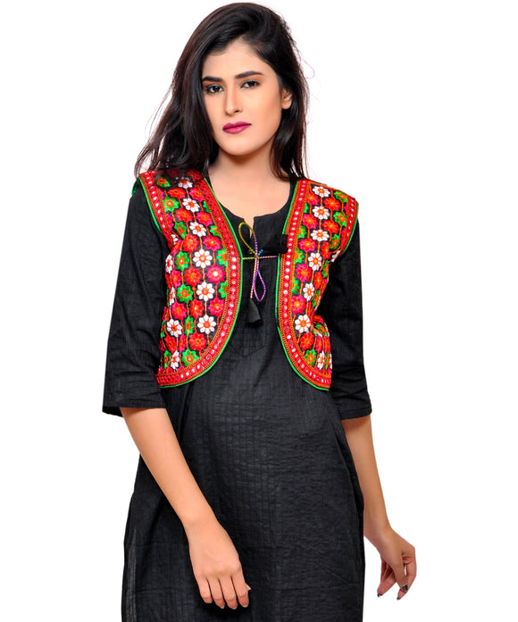 Banjara India Women's Cotton Blend Kutchi Embroidered Sleeveless Short Jacket/Koti/Shrug (Phulwali) - SSP-PHUL01 - Banjara India