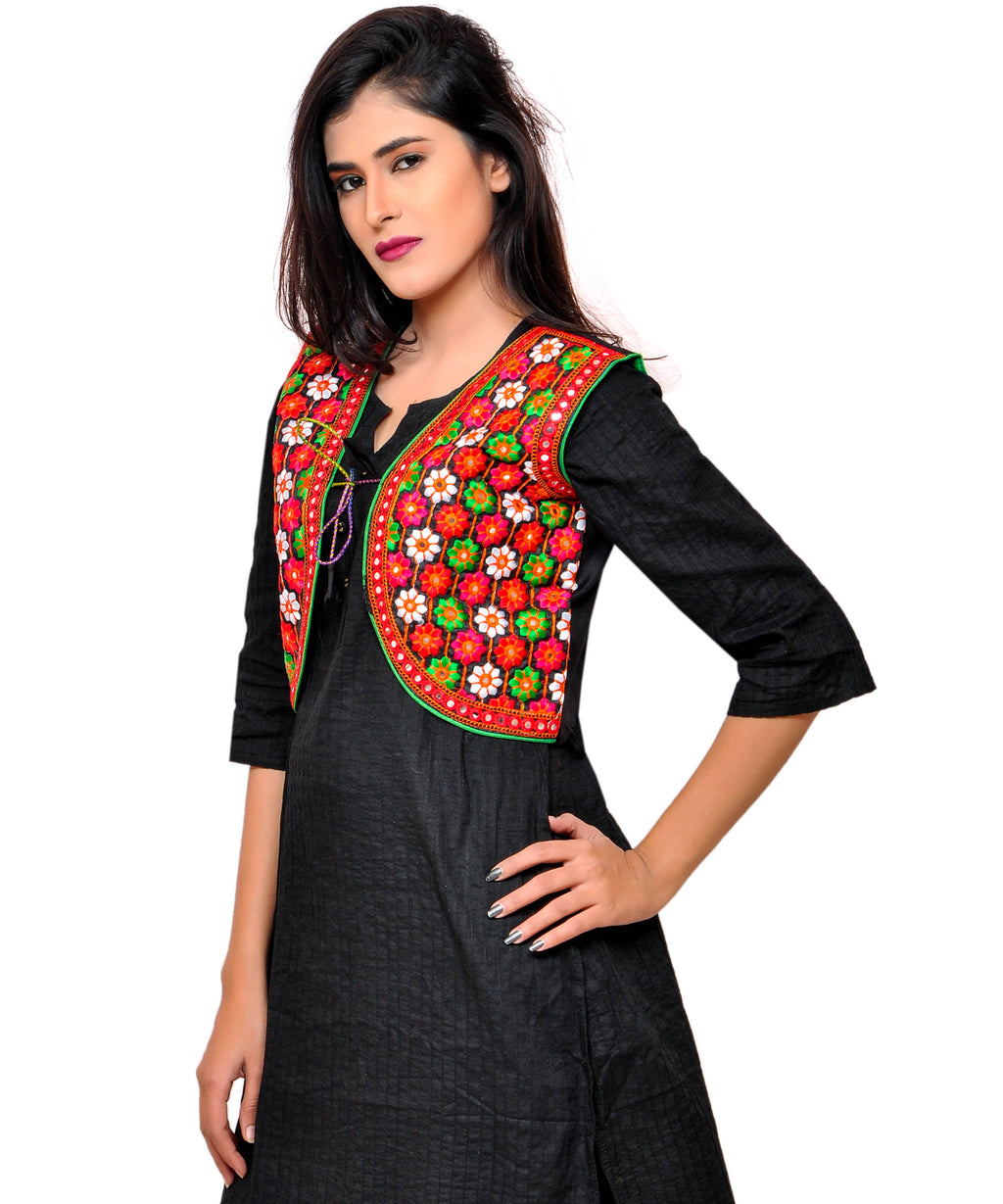 Banjara India Women's Cotton Blend Kutchi Embroidered Sleeveless Short Jacket/Koti/Shrug (Phulwali) - SSP-PHUL01 - Banjara India
