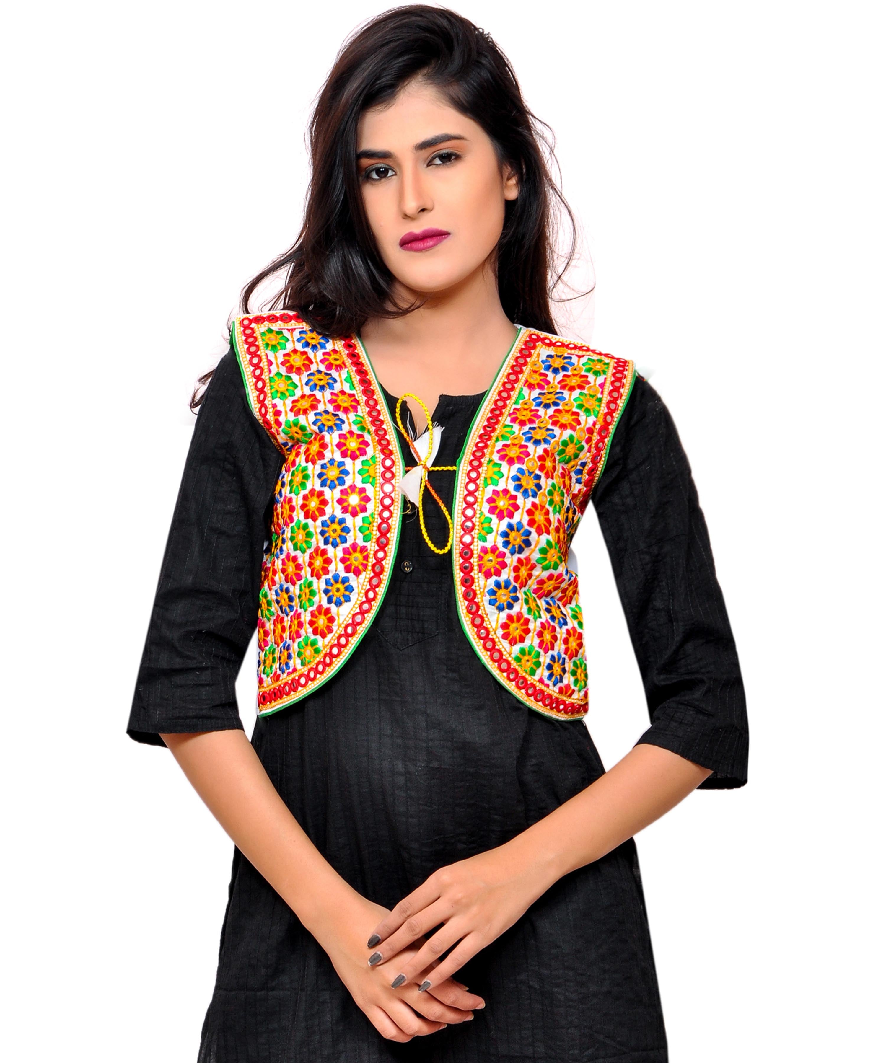 Banjara India Women's Cotton Blend Kutchi Embroidered Sleeveless Short Jacket/Koti/Shrug (Phulwali) - SSP-PHUL02 - Banjara India