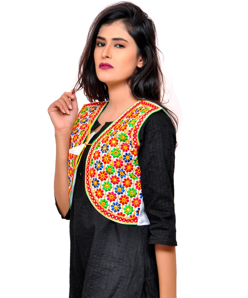 Banjara India Women's Cotton Blend Kutchi Embroidered Sleeveless Short Jacket/Koti/Shrug (Phulwali) - SSP-PHUL02 - Banjara India