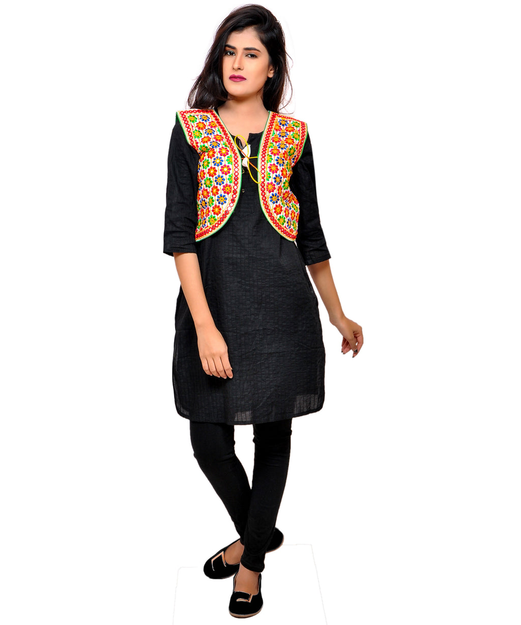 Banjara India Women's Cotton Blend Kutchi Embroidered Sleeveless Short Jacket/Koti/Shrug (Phulwali) - SSP-PHUL02 - Banjara India