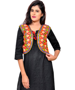 Banjara India Women's Cotton Blend Kutchi Embroidered Sleeveless Short Jacket/Koti/Shrug (Phulwali) - SSP-PHUL03 - Banjara India