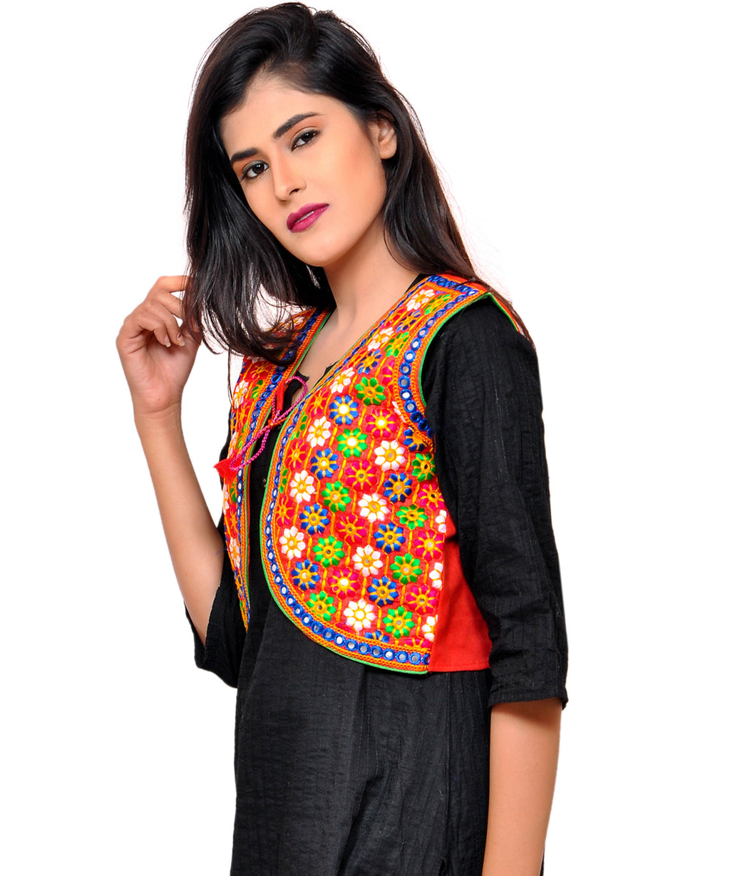 Banjara India Women's Cotton Blend Kutchi Embroidered Sleeveless Short Jacket/Koti/Shrug (Phulwali) - SSP-PHUL03 - Banjara India