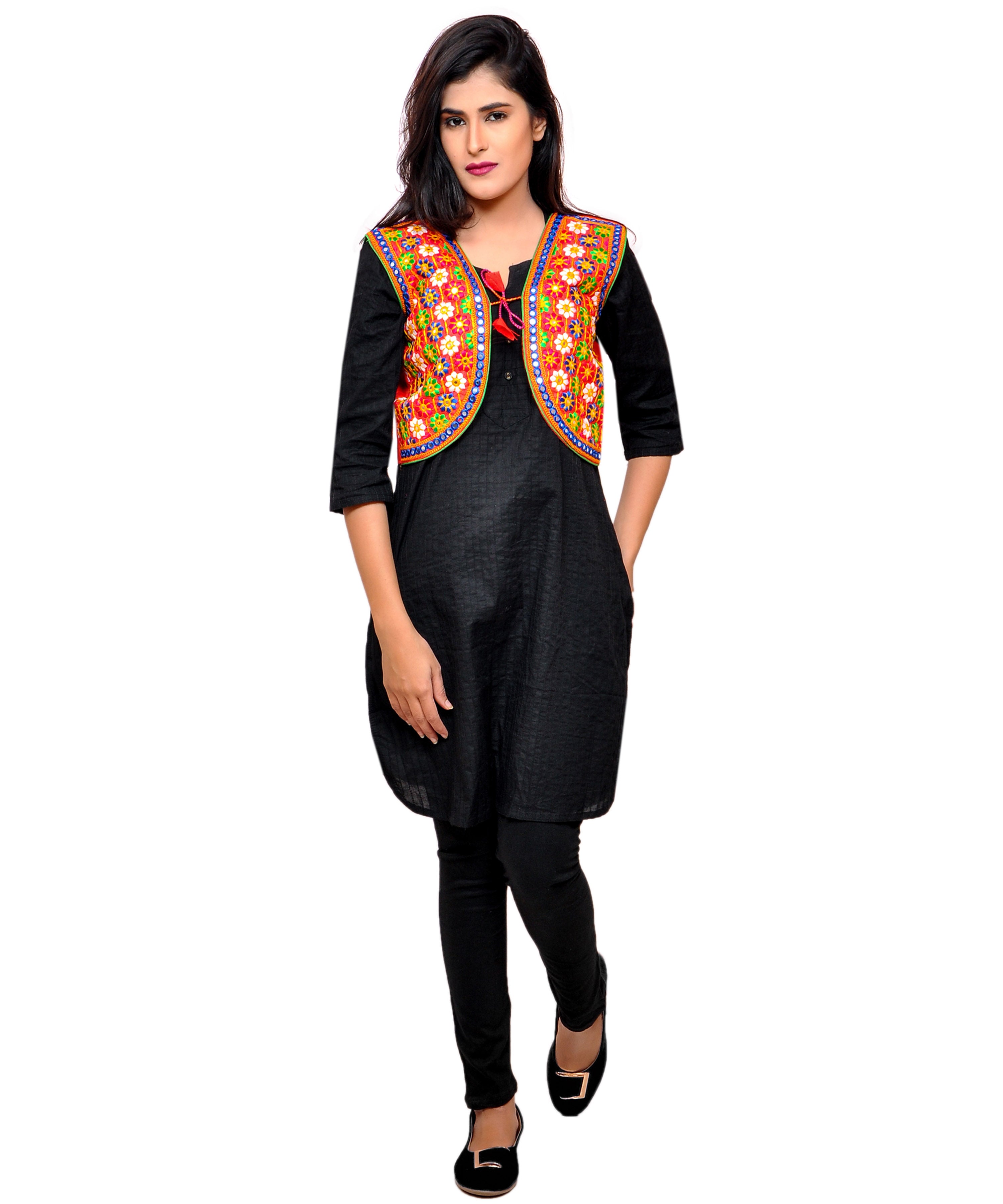 Banjara India Women's Cotton Blend Kutchi Embroidered Sleeveless Short Jacket/Koti/Shrug (Phulwali) - SSP-PHUL03 - Banjara India