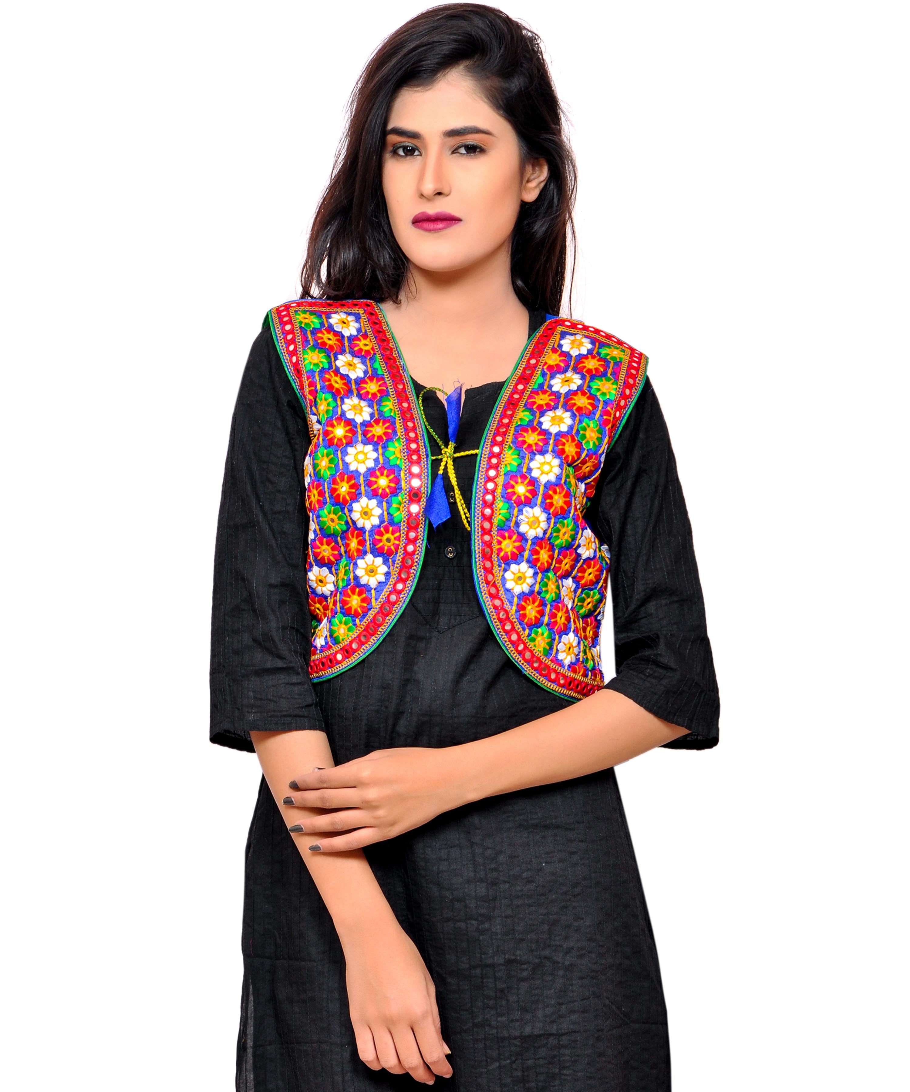 Banjara India Women's Cotton Blend Kutchi Embroidered Sleeveless Short Jacket/Koti/Shrug (Phulwali) - SSP-PHUL04 - Banjara India