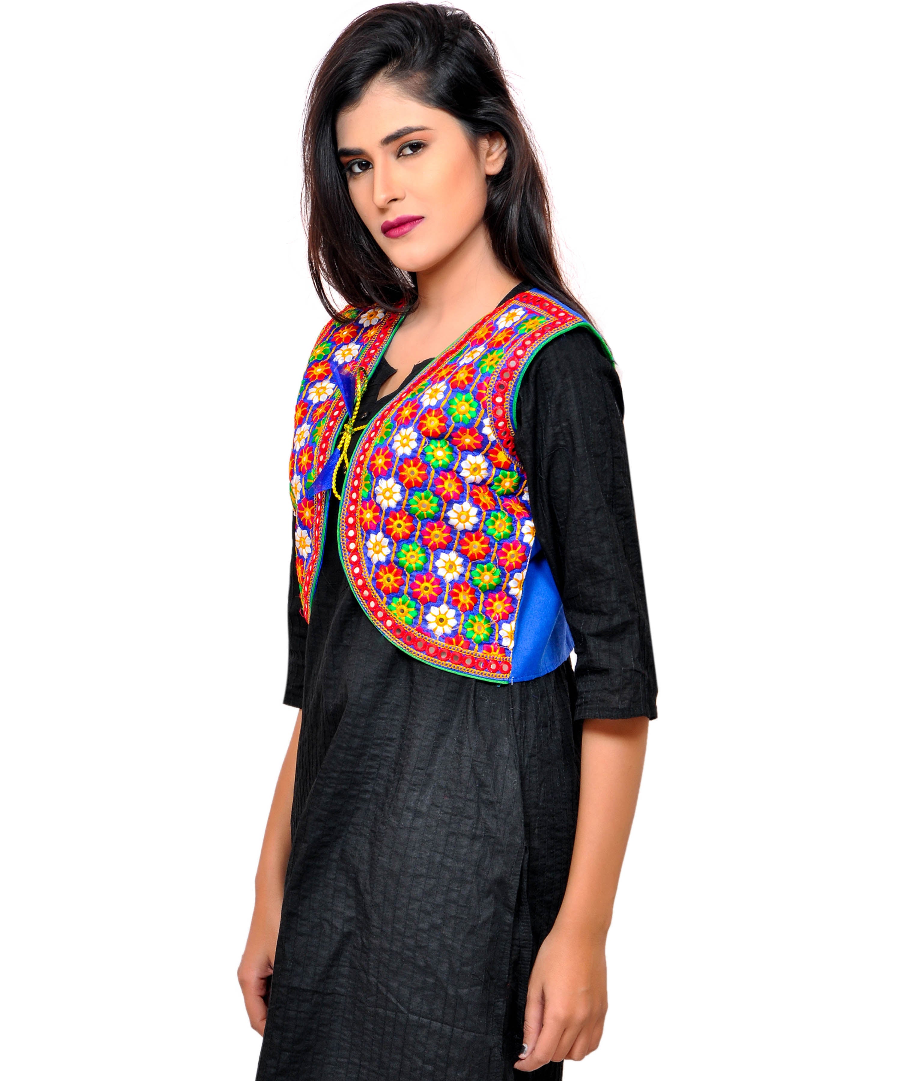 Banjara India Women's Cotton Blend Kutchi Embroidered Sleeveless Short Jacket/Koti/Shrug (Phulwali) - SSP-PHUL04 - Banjara India