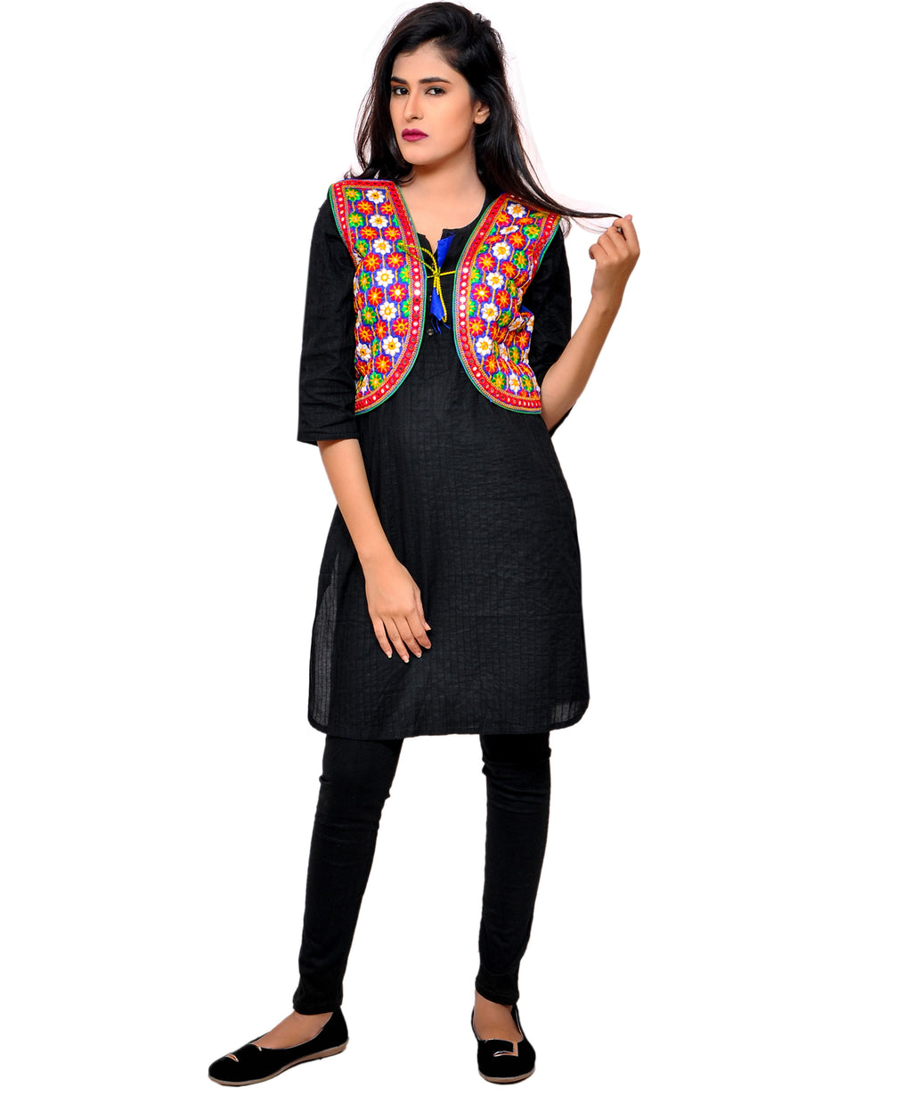 Banjara India Women's Cotton Blend Kutchi Embroidered Sleeveless Short Jacket/Koti/Shrug (Phulwali) - SSP-PHUL04 - Banjara India