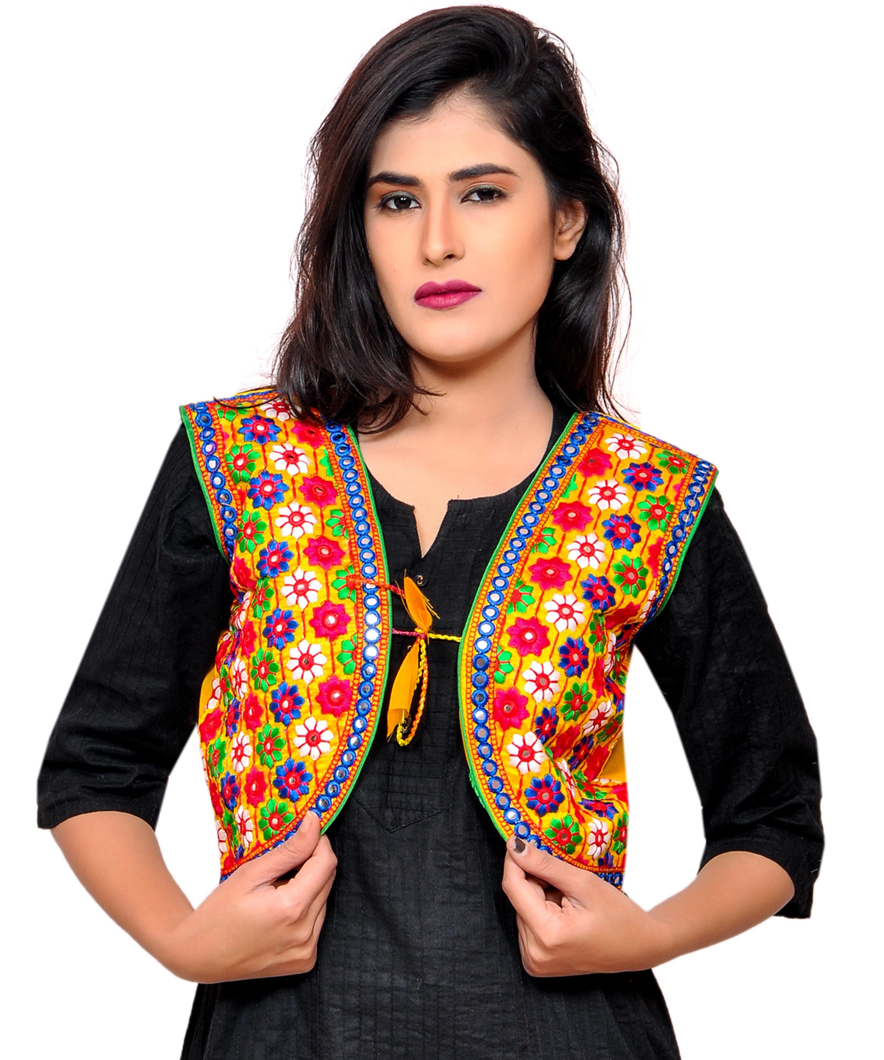 Banjara India Women's Cotton Blend Kutchi Embroidered Sleeveless Short Jacket/Koti/Shrug (Phulwali) - SSP-PHUL05 - Banjara India
