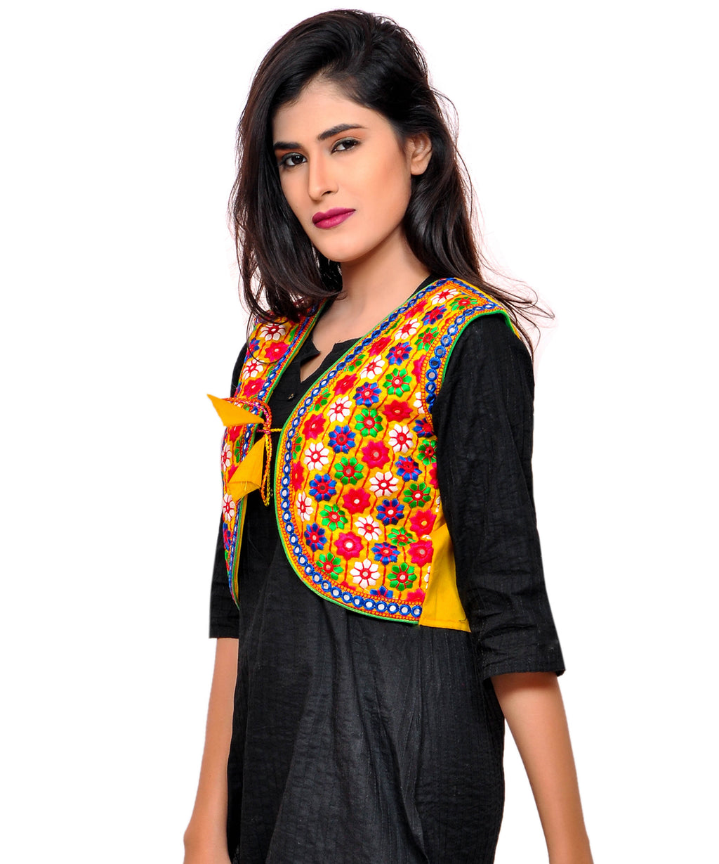 Banjara India Women's Cotton Blend Kutchi Embroidered Sleeveless Short Jacket/Koti/Shrug (Phulwali) - SSP-PHUL05 - Banjara India