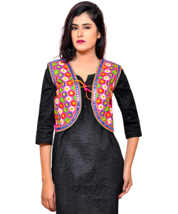 Banjara India Women's Cotton Blend Kutchi Embroidered Sleeveless Short Jacket/Koti/Shrug (Phulwali) - SSP-PHUL06 - Banjara India