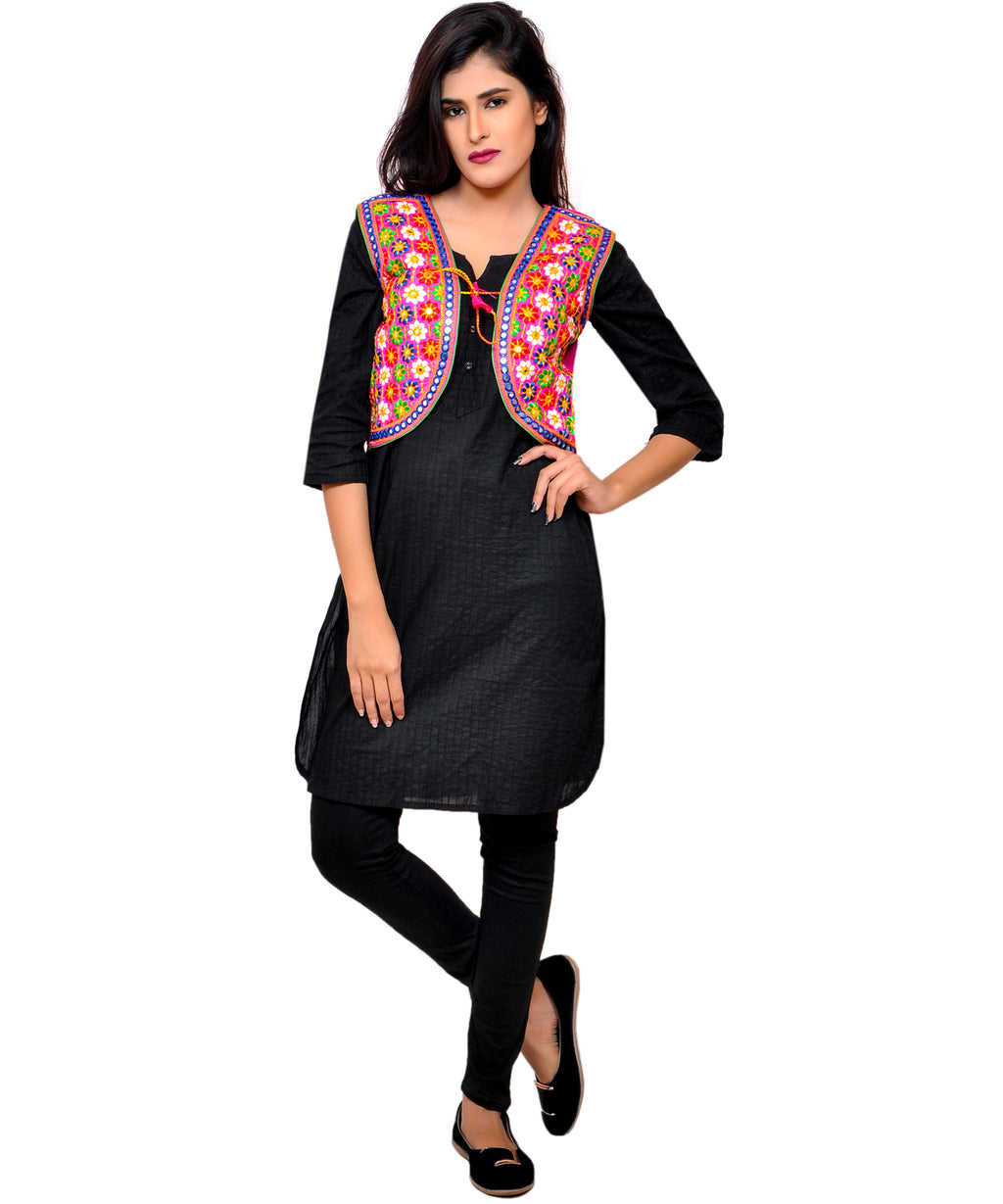 Banjara India Women's Cotton Blend Kutchi Embroidered Sleeveless Short Jacket/Koti/Shrug (Phulwali) - SSP-PHUL06 - Banjara India
