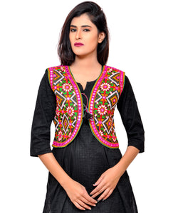 Banjara India Women's Cotton Blend Kutchi Embroidered Sleeveless Short Jacket/Koti/Shrug (Rajwadi) - SSP-RJW01 - Banjara India