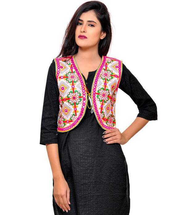 Banjara India Women's Cotton Blend Kutchi Embroidered Sleeveless Short Jacket/Koti/Shrug (Rajwadi) - SSP-RJW02 - Banjara India