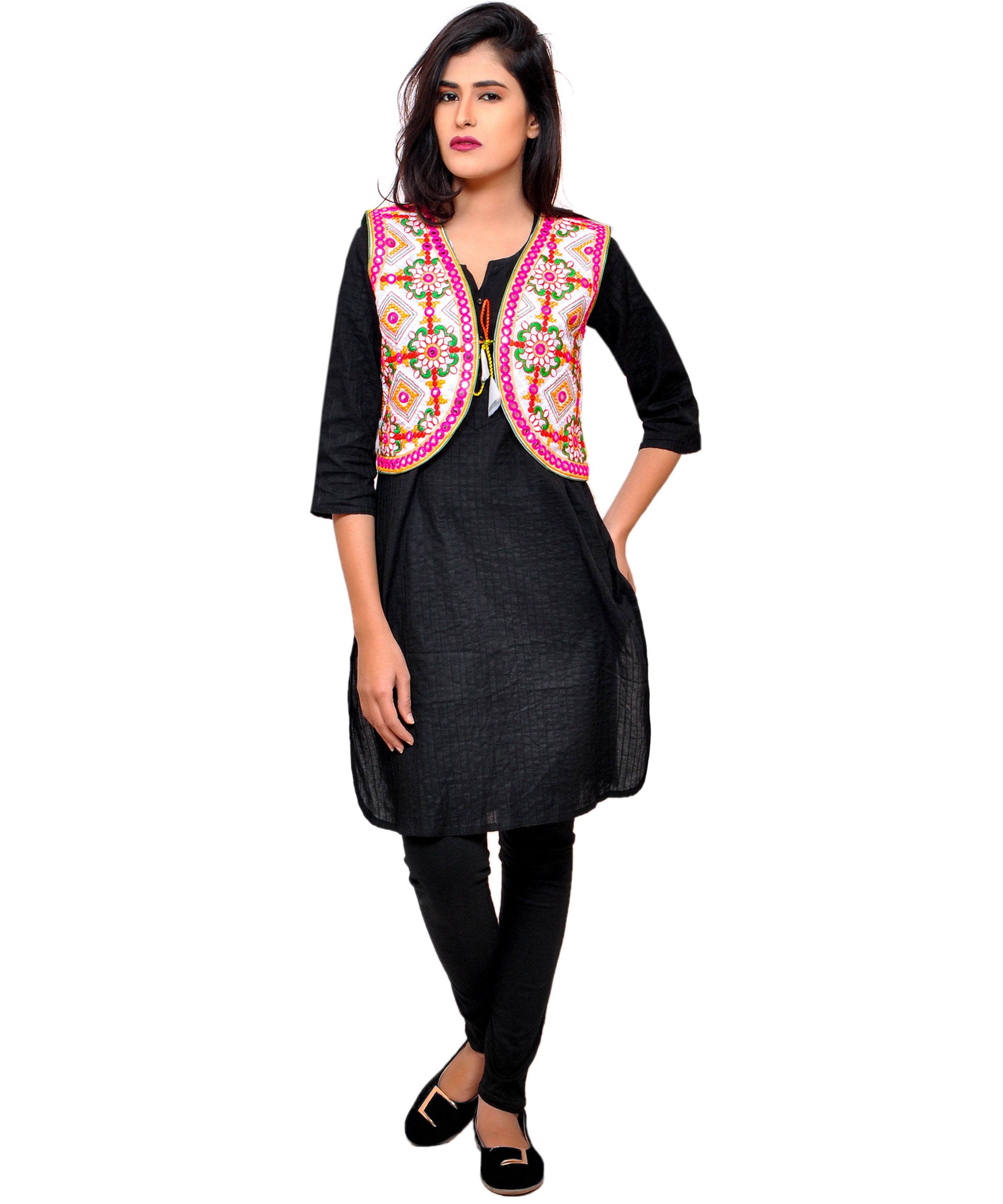 Banjara India Women's Cotton Blend Kutchi Embroidered Sleeveless Short Jacket/Koti/Shrug (Rajwadi) - SSP-RJW02 - Banjara India