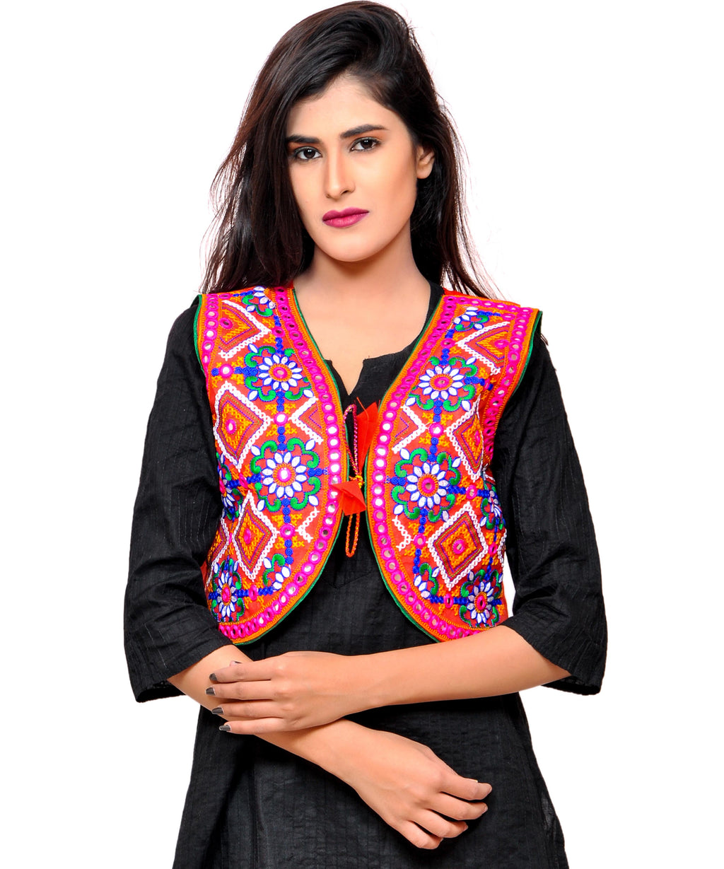 Banjara India Women's Cotton Blend Kutchi Embroidered Sleeveless Short Jacket/Koti/Shrug (Rajwadi) - SSP-RJW03 - Banjara India