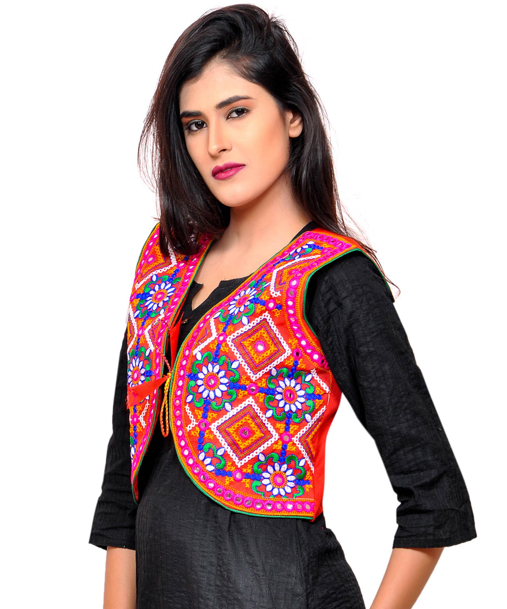 Banjara India Women's Cotton Blend Kutchi Embroidered Sleeveless Short Jacket/Koti/Shrug (Rajwadi) - SSP-RJW03 - Banjara India