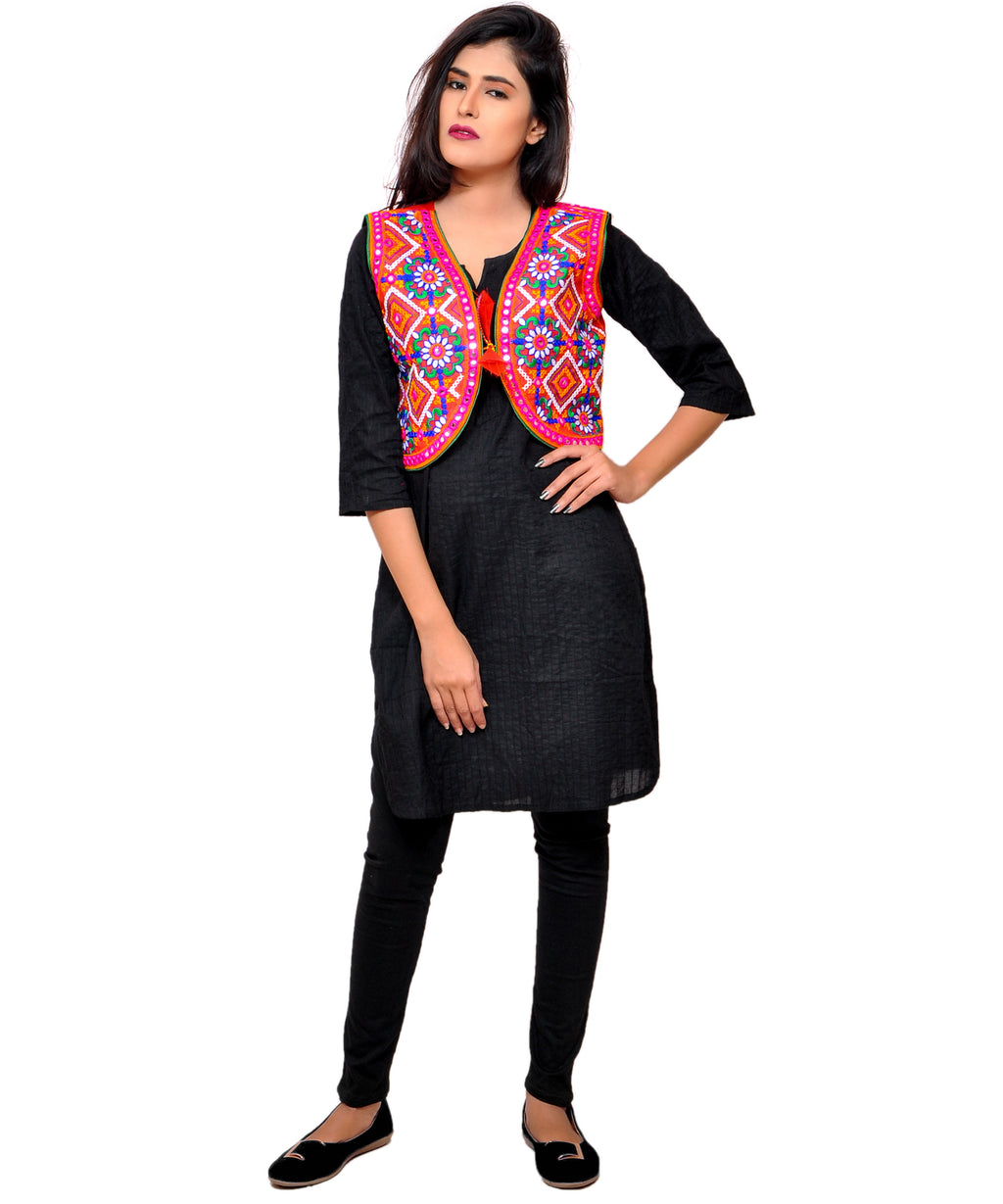 Banjara India Women's Cotton Blend Kutchi Embroidered Sleeveless Short Jacket/Koti/Shrug (Rajwadi) - SSP-RJW03 - Banjara India